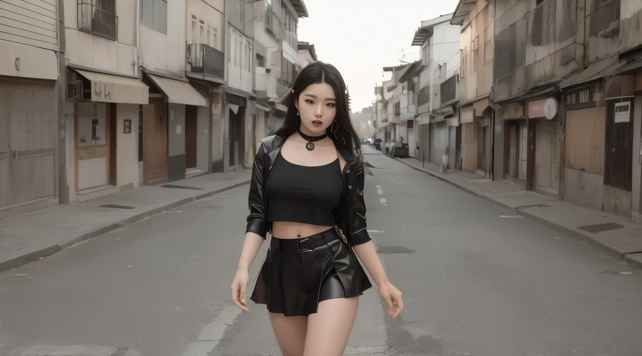 mulher coreana loira, k-pop star, cabelos loiros com blusa preta e saia de couro curta andando por uma rua, gothic city streets behind her, posando em uma rua, na rua, standing in a city street, garota elegante em roupa, roupa preta, em uma rua, em uma rua, vestindo roupas pretas, usando uma roupa de couro completa, usando um top cropped sexy, standing na rua, garota loira coreana, k-pop star de cabelos loiros