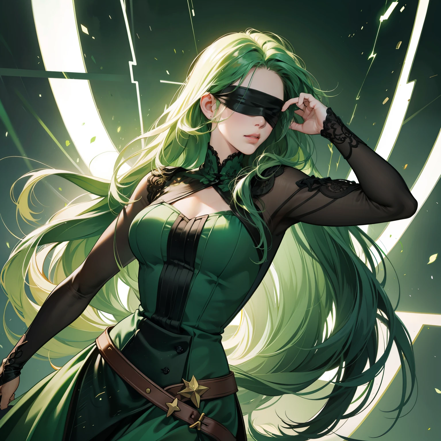 Masterpiece, high quality, best quality, HD, realistic, perfect lighting, detailed body, 1 woman, wear blindfold, long hair, green Hair, Dark green Scary & sexy dress, green lightning background.