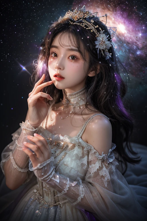 Background with: Mysterious quantum environment, Cosmic elements and ethereal atmosphere,A mix of bright lights and colorful nebulae. The subject: A mysterious girl with a magical aura. She grew up,Digi \(True Chinese dream\),Just look at the audience, Colorful wavy curls, The shiny hair stands out. His eyes are deep and expressive, Reflection Universe. She wore a flowing dress in purple and blue, With intricate details and mysterious textures. Color Palette: A combination of mysterious shades such as cosmic purple, Sky blue, soft pinks and hints of gold. create contrast, Increase depth, dark colour, Such as dark purple or night blue. aesthetics: aesthetics结合了 Mistycore 的元素, Known for its mysterious and ethereal atmosphere, and crystal nuclei, With its crystal clarity and sparkling detail. The girl exudes magical energy,Her presence is shrouded in hesitation. Overwritten: Leaves a subtle glow effect and glitter coverage all around the girl, Overwritten: Add a soft glow effect around the girl and crystal, It seems to exude magic. Inca, Add small details of flash,Enhance the ethereal atmosphere.
