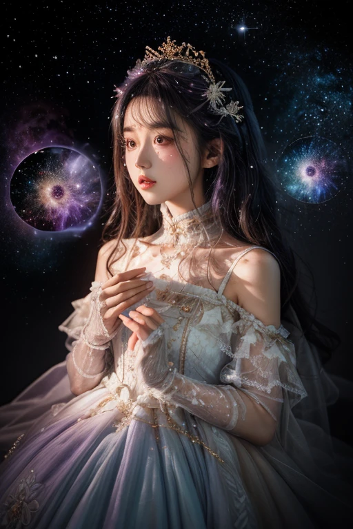 Background with: Mysterious quantum environment, Cosmic elements and ethereal atmosphere,A mix of bright lights and colorful nebulae. The subject: A mysterious girl with a magical aura. She grew up,Digi \(True Chinese dream\),Just look at the audience, Colorful wavy curls, The shiny hair stands out. His eyes are deep and expressive, Reflection Universe. She wore a flowing dress in purple and blue, With intricate details and mysterious textures. Color Palette: A combination of mysterious shades such as cosmic purple, Sky blue, soft pinks and hints of gold. create contrast, Increase depth, dark colour, Such as dark purple or night blue. aesthetics: aesthetics结合了 Mistycore 的元素, Known for its mysterious and ethereal atmosphere, and crystal nuclei, With its crystal clarity and sparkling detail. The girl exudes magical energy,Her presence is shrouded in hesitation. Overwritten: Leaves a subtle glow effect and glitter coverage all around the girl, Overwritten: Add a soft glow effect around the girl and crystal, It seems to exude magic. Inca, Add small details of flash,Enhance the ethereal atmosphere.
