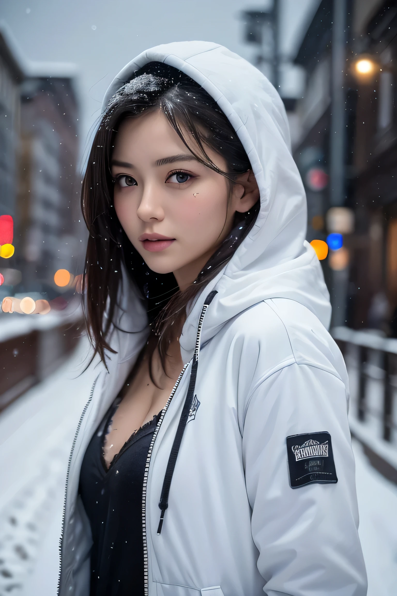 (masutepiece:1.2), ultra-detailliert, 超A high resolution, (Realistic, photo Realistic:1.37), high-definition RAW color photography, professional photograpy, extra detailed face, extremely detailed eye, highlydetailed skin, extremely detailed fingers, highly detailed nose, highly detail mouth, Perfect Anatomy, Highly detailed background, (a famous actress of Japan:1.2), (gals:1.3), (flat chest), Brown race, Dark skin, Very short cut hair, shadowy, hair messy, Full body, padded jacket, White hoodie, during night, dark street view, snow in my hair, (Snow in the sky:1.6), Background in the city, Hoodie on the head, Full body, Cinematic lighting,