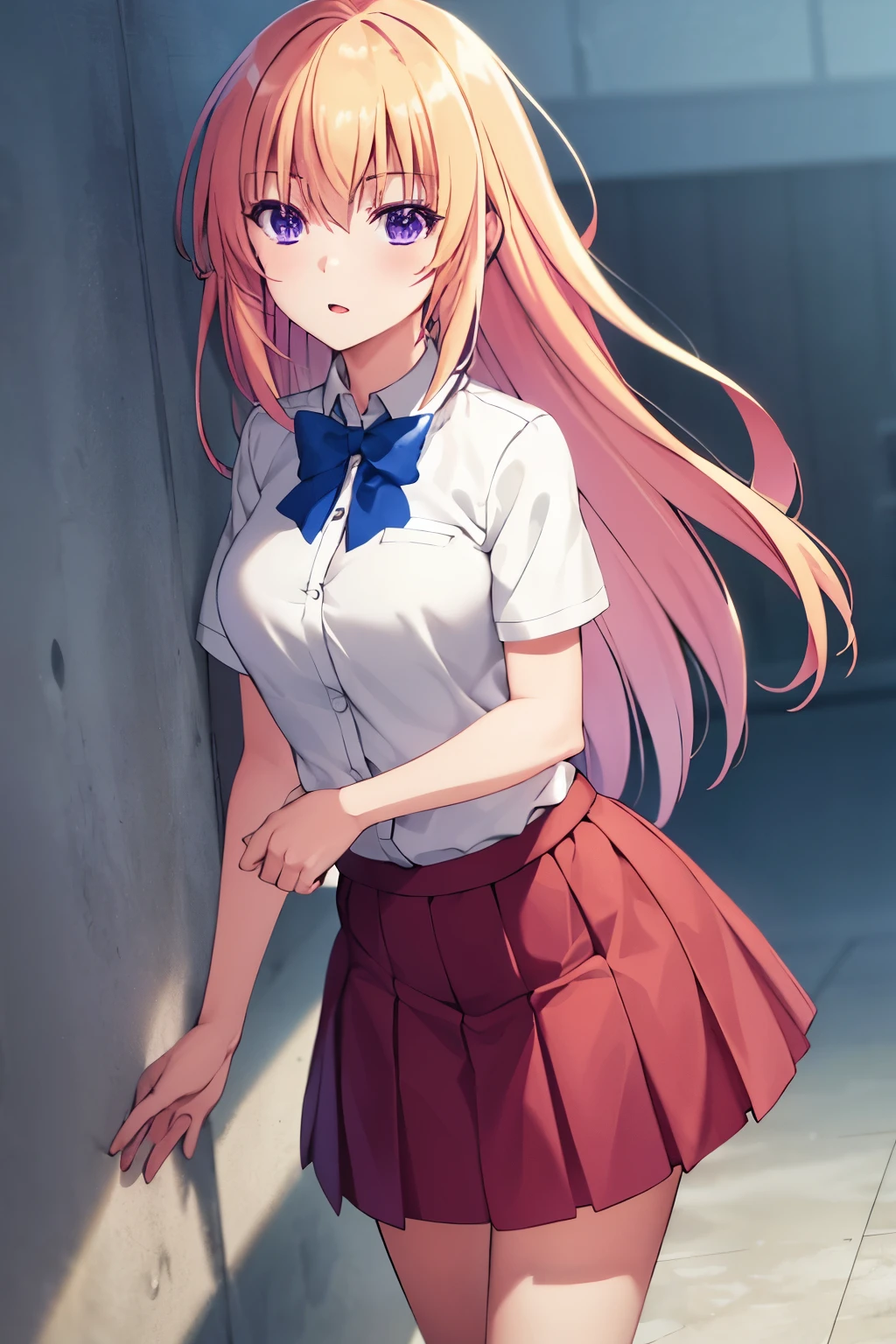 honami ichinose, long hair, blonde hair, (purple eyes:1.1), hair between eyes, full body
skirt, bow, school uniform, pleated skirt, bowtie, blue bow, red skirt, collared shirt, white shirt, short sleeves,