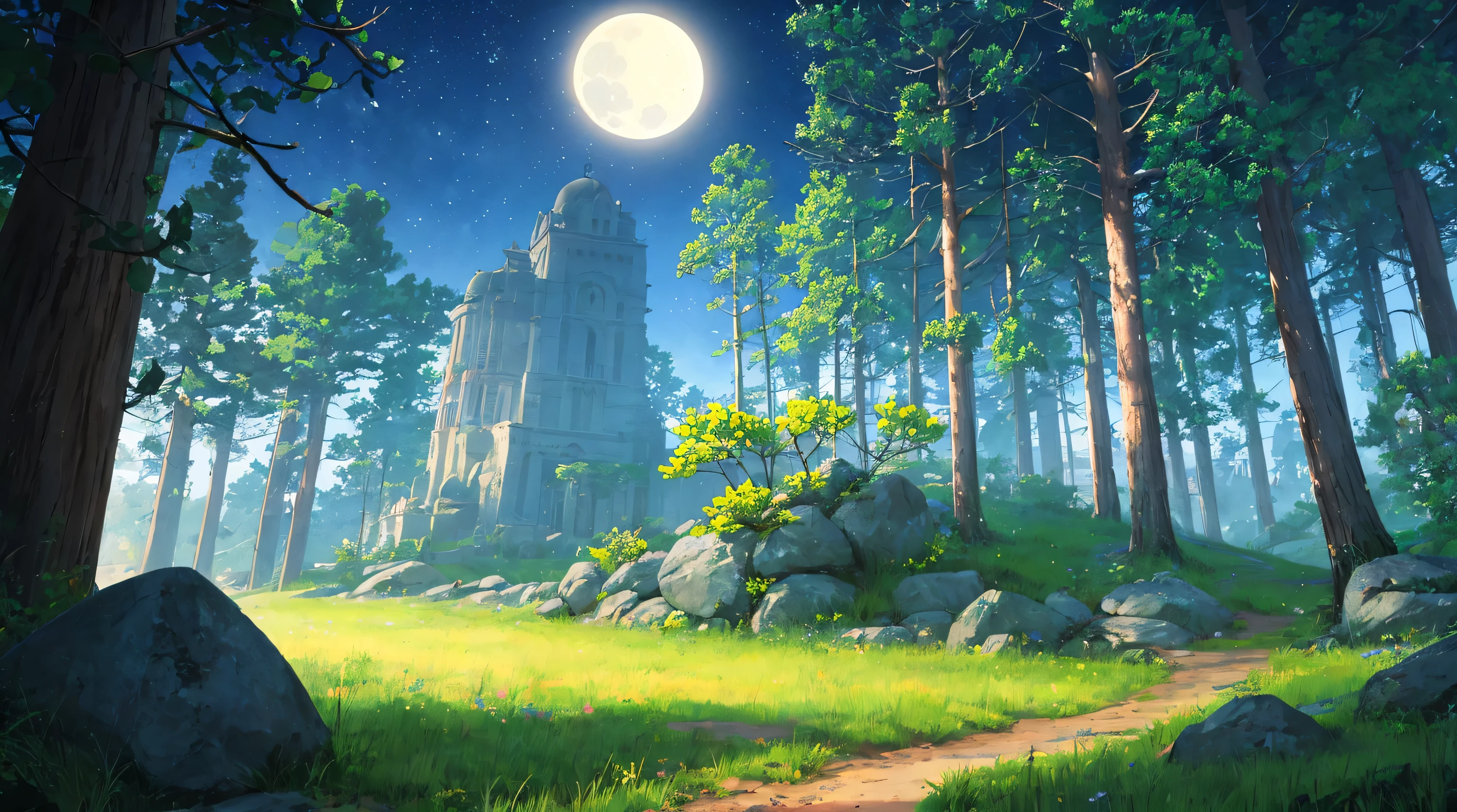 Side Scrolling Game Backgrounds, (((In the dark of the night with a hint of blue))), Flat feeling without vanishing point perspective, photorealistic lighting, (((At night when the moonlight is faint))), high-definition details, masterpiece, Best quality at best, (Highly detailed CG integrated 8k wallpaper), (Top Quality), Forest scenery, The bottom half of the screen is flat ground, Land with a moderate mix of soil and grass, The direction of the road is from the left side of the screen to the right side of the screen., (((At the top half of the screen are small densely packed trees and rocks.))), Small rocks, Distant view behind the trees, mountains, The dark hour after sunset, At night when the bluish light is flowing, The size of the tree is small and it has a lot of curves, View from a height of about 3 meters,