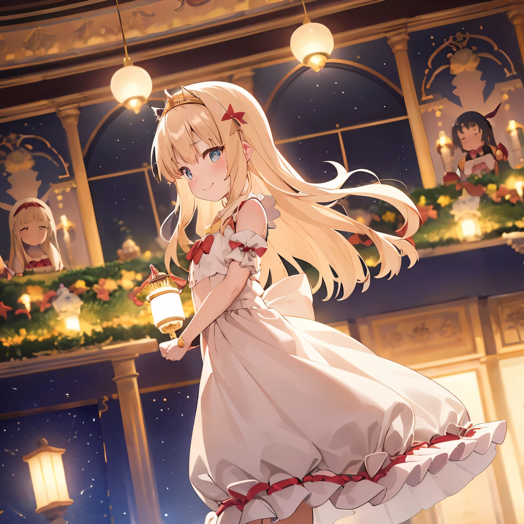 reallistic、Movie Still、diva girl,Real Girl、Blonde long hair,,In front of a huge illuminated Christmas tree、Sing a song,Bandstand,Exposed Girl、Showing off the vagina、发光、With smiling eyes、A delightful、Warm and soft lighting、light glow,blush