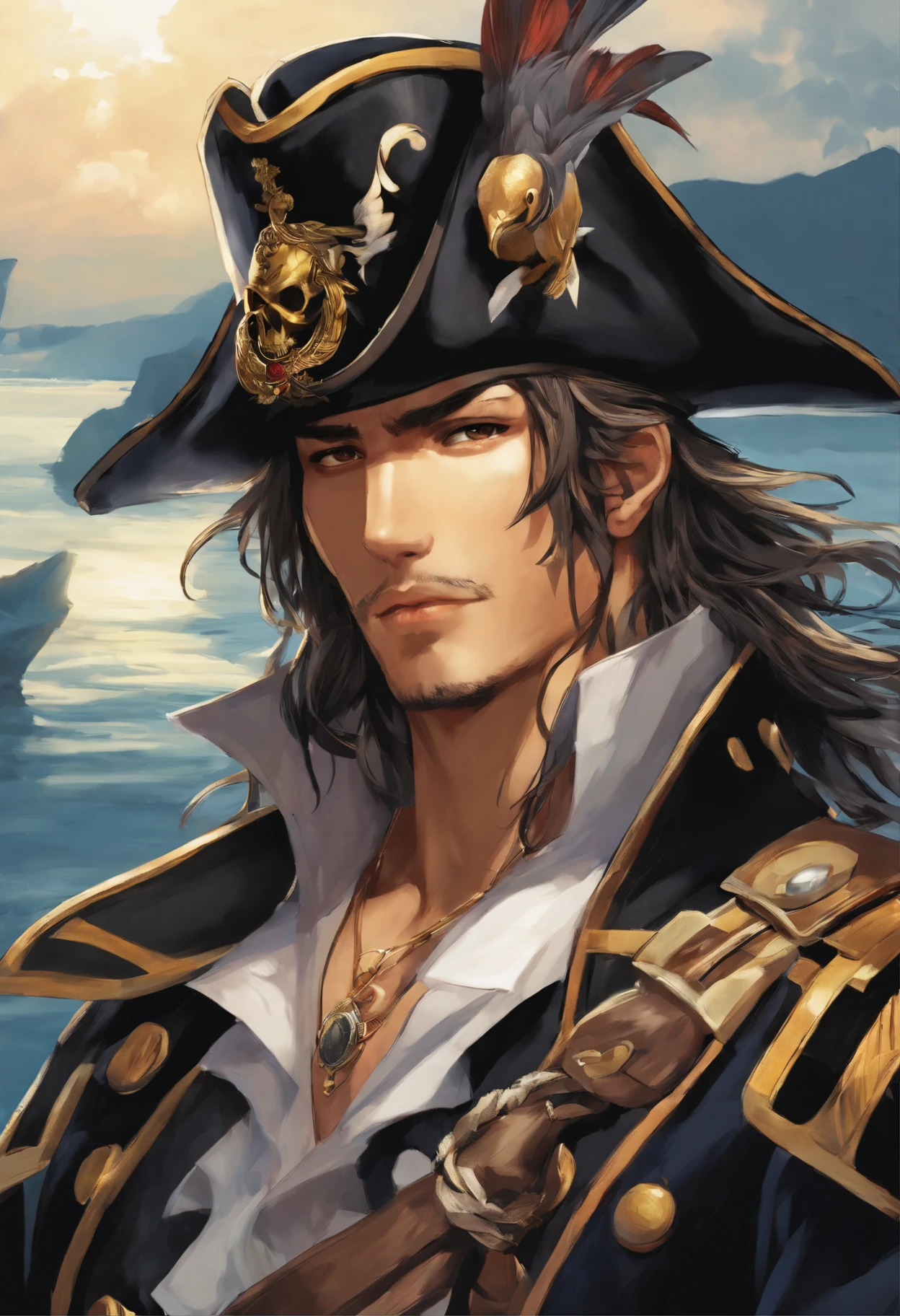 Anime character, style anime, Close-up of a person (a pirate) with a bird on his shoulder, Король a pirateов, Masamune shiro, a pirateский капитан, key anime art, shigenori soejima illustration, inspired by Okumura Masanobu, detailed key anime art, Masamune, shirow Masamune, a pirate класса Swashbuckler, a pirate, Портрет a pirateа