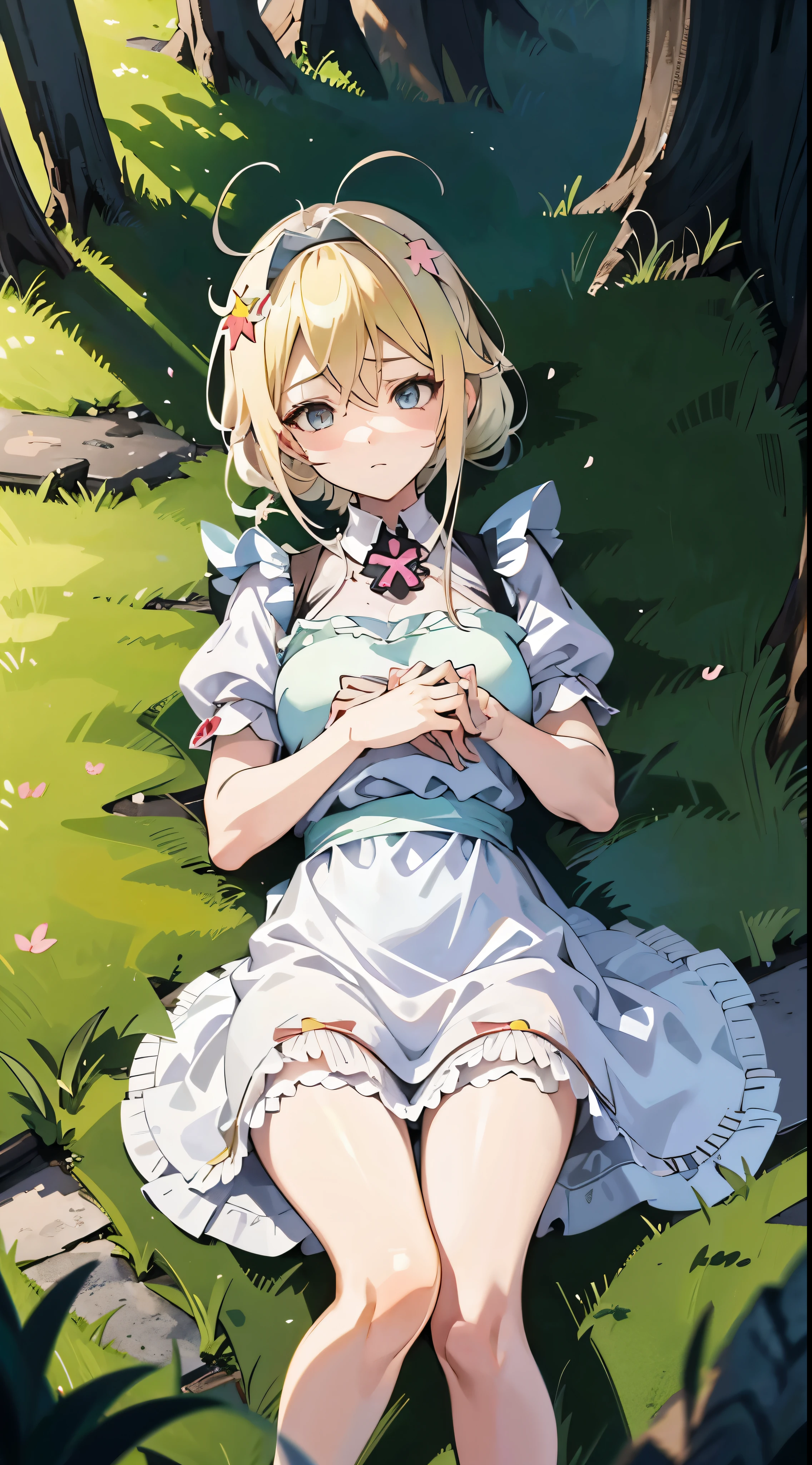 anime styled, High definition illustration, Perfect drawing, Anatomically accurate drawing, alice in the wonderland, In a forest bathed in bright sunlight, beautiful blonde girl lying on the ground, ((seminude:1.5)), light blue ruffle short dress, Layering a white apron, Disturbed clothing , teats, Female genitalia in the crotch area