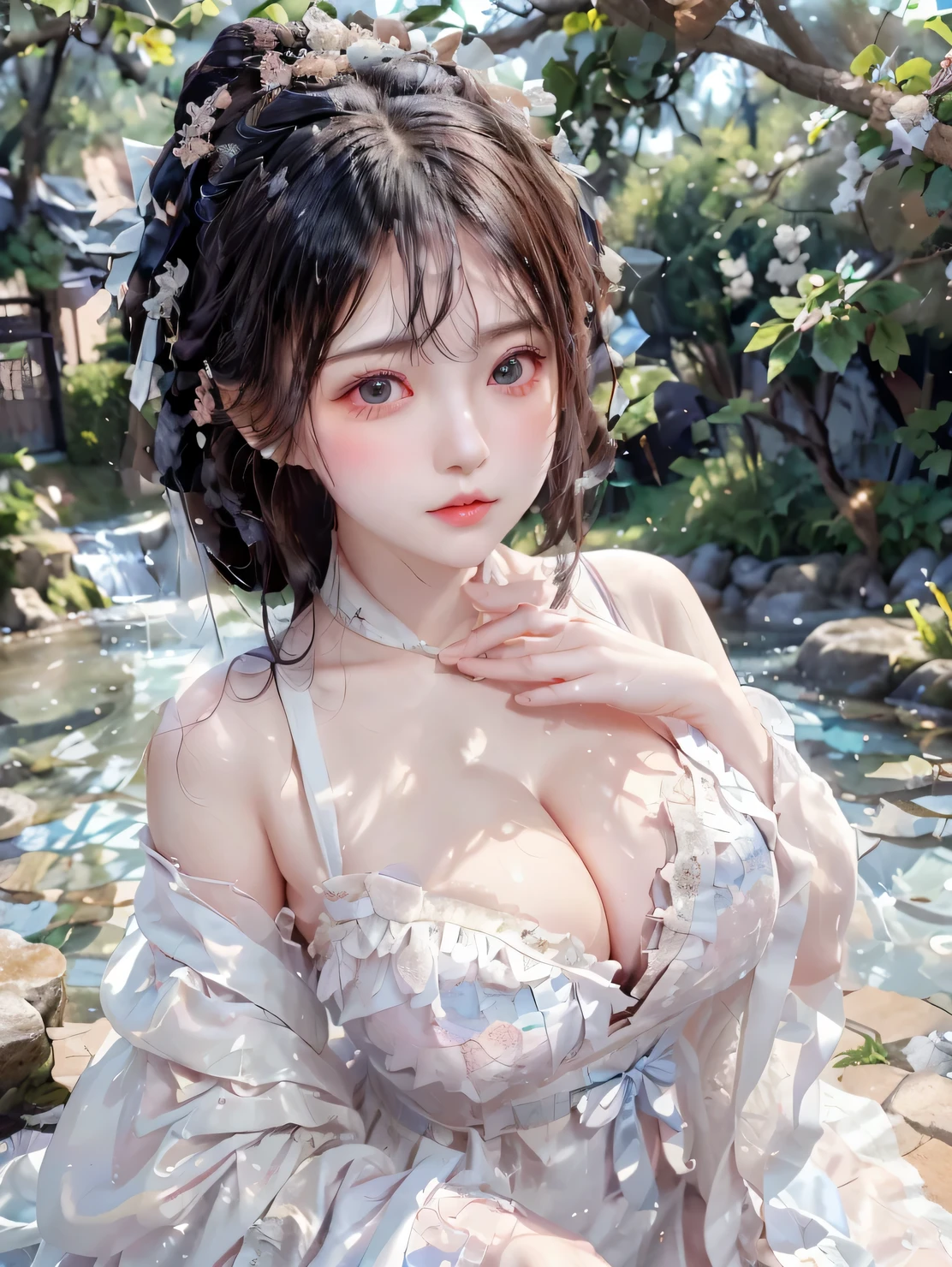 best quality, ultra hi res, photoreaslistic, a photography of a beautiful woman, age, detailed face, black Feathered layers, (detailed porcelain doll,delicate clothes with a lot of frills and ribbonridge, (face close up), open V-chested clothes royal, Wet body of thin silk fabric, Thin silk lace dress, (huge boobs,cleavage),, white pink, blue ,best qualtiy,tmasterpiece,超高分辨率,(真实感:1.4),RAW photogr,(True skin texture:1.3),(filmgrain:1.3),(Selfie angle),1个Giant Breast Girl,Beautiful eye and face details,tmasterpiece,Best quality at best,exposing thighigchest,The chest more exposed, seductive look, looking at viewer