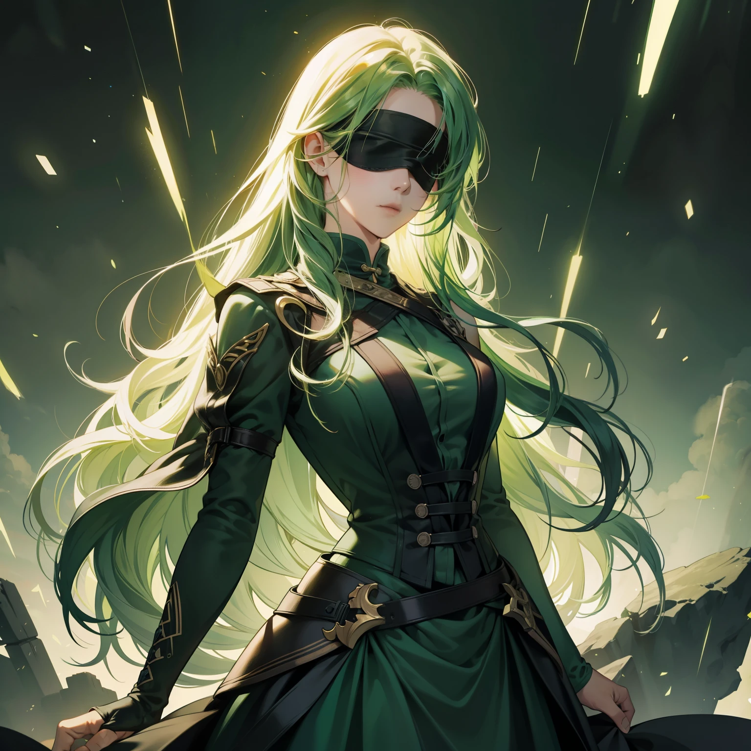 Masterpiece, high quality, best quality, HD, realistic, perfect lighting, detailed body, 1 woman, wear blindfold, long hair, green Hair, Dark green Scary & sexy dress, green lightning background.