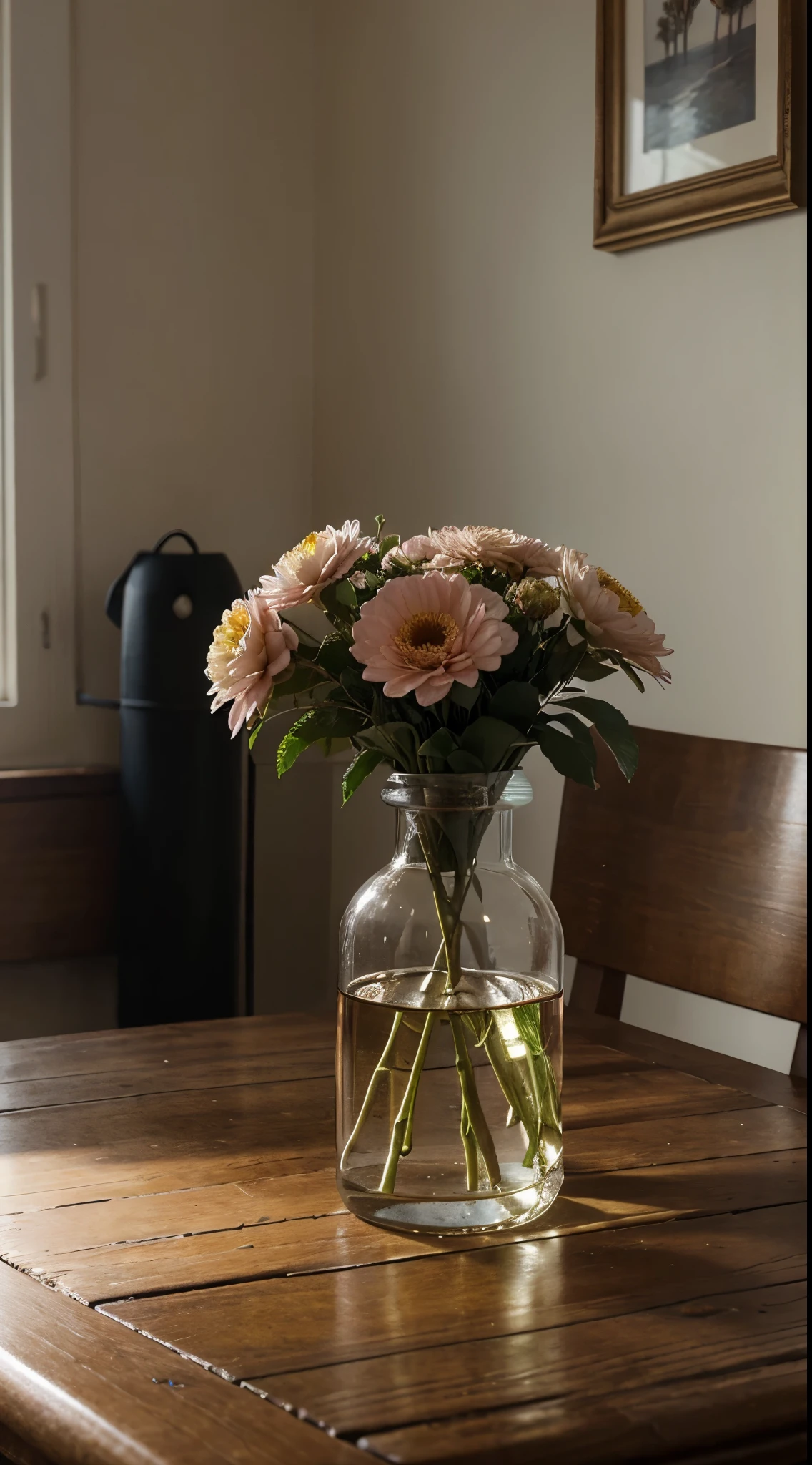 (Best quality at best,A high resolution,ultra - detailed,actual), On the table was a vase，There are apples inside, Realistic paintings by Alison Geisler, shutterstock contest winner, Photorealism, Still life photography, dahlia flower, still life with white vase, Magnificent composition, Still Life Photo Gallery, Still life with flowers, dslr photo of a vase on a table, summer morning light, lpoty