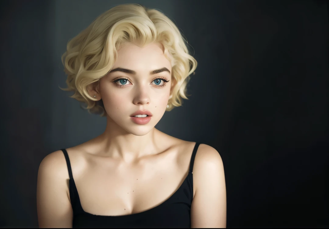 Un primer plano De una mujer con un cabello rubio muy corto, pale skin curly blond hair, chica corta y rizaDa De cabello rubio, Cara como Marilyn Monroe, Imogen Poots, Yelena Belova, por Irakli NaDar, cabello rubio rizaDo | D & D, steven meisel photography, con el pelo corto, Marilyn Monroe, Imogen Poots Paladin