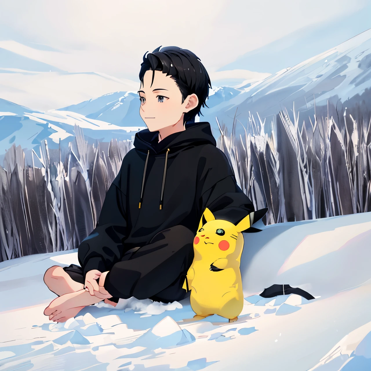 anime style boy wearing black hoodie and black pant sitting on ground with Pikachu, black eyes and black haired anime boy, happy expression, snowy day in winter, winter and snow in background