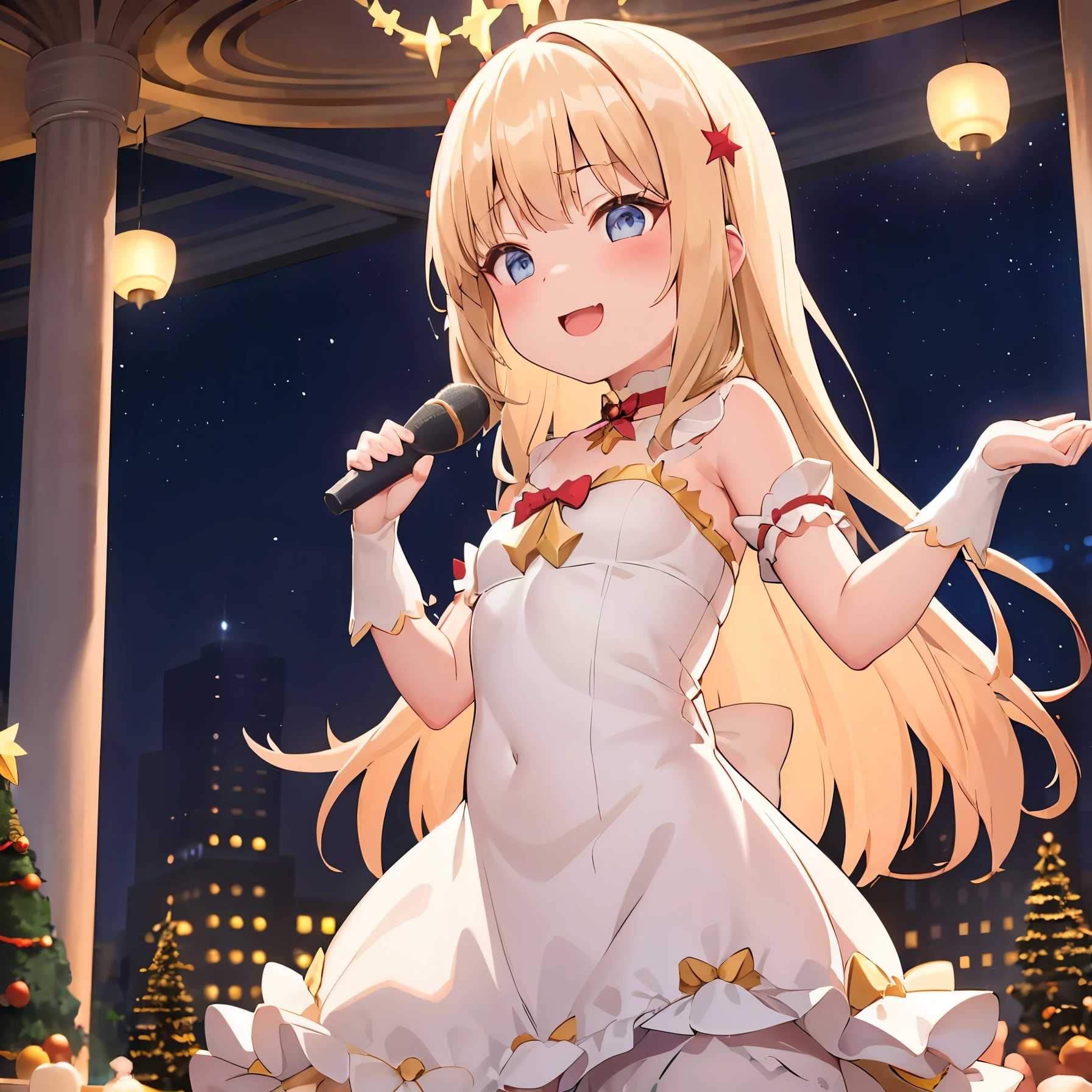 reallistic、Movie Still、diva girl,Real Girl、Blonde long hair,little kindergarten girl,In front of a huge illuminated Christmas tree、Sing a song,Bandstand,Exposed Girl、Showing off the vagina、发光、With smiling eyes、A delightful、Warm and soft lighting、light glow,blush