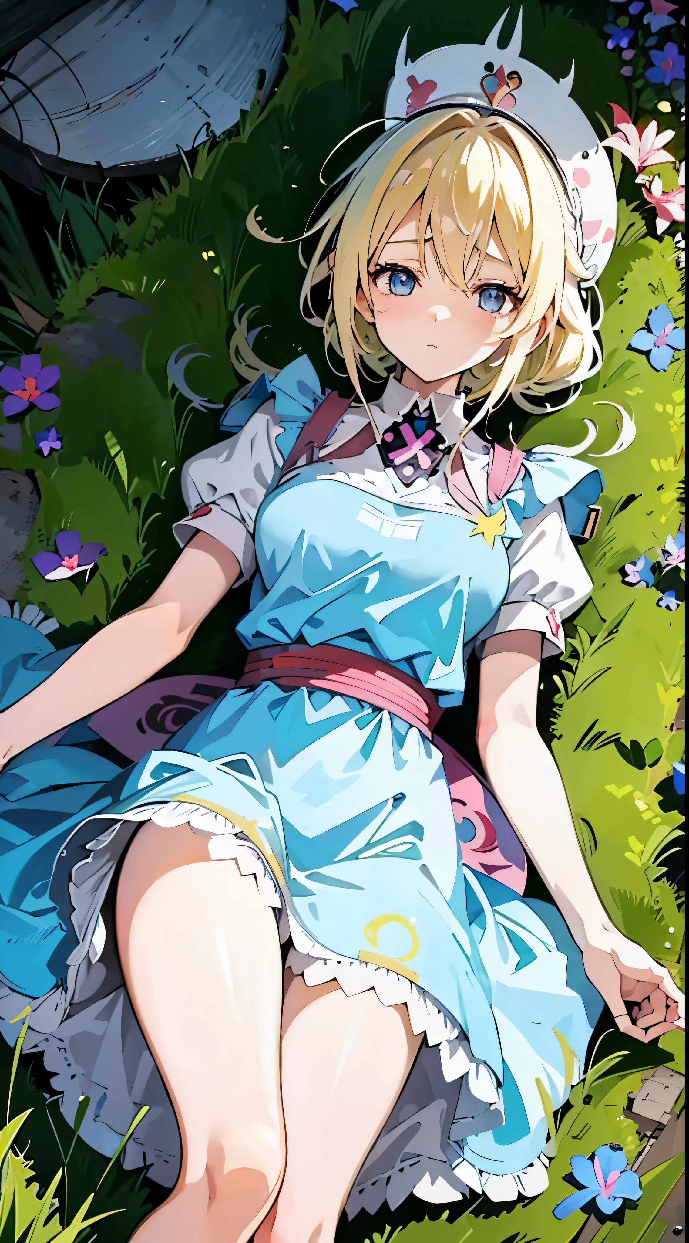 anime styled, High definition illustration, Perfect drawing, Anatomically accurate drawing, alice in the wonderland, In a forest bathed in bright sunlight, beautiful blonde girl lying on the ground, ((seminude:1.5)), light blue ruffle short dress, Layering a white apron, Disturbed clothing , teats, Female genitalia in the crotch area