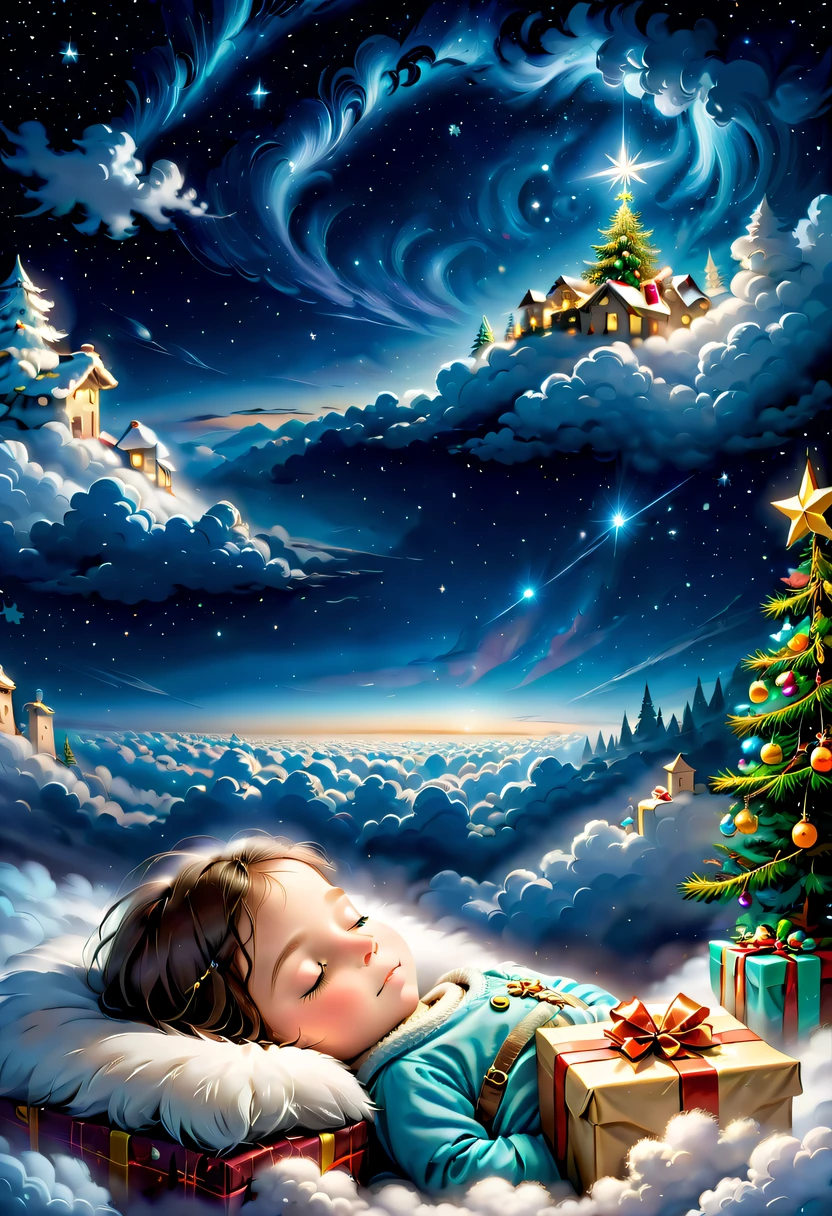Above the clouds,nigh sky,dream,Christmas gifts,Gamine'face asleep