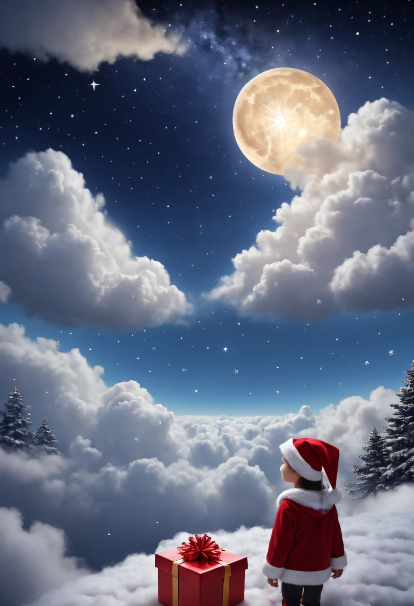 孩子和Christmas gifts睡觉,Above the clouds,nigh sky,dream,Christmas gifts,