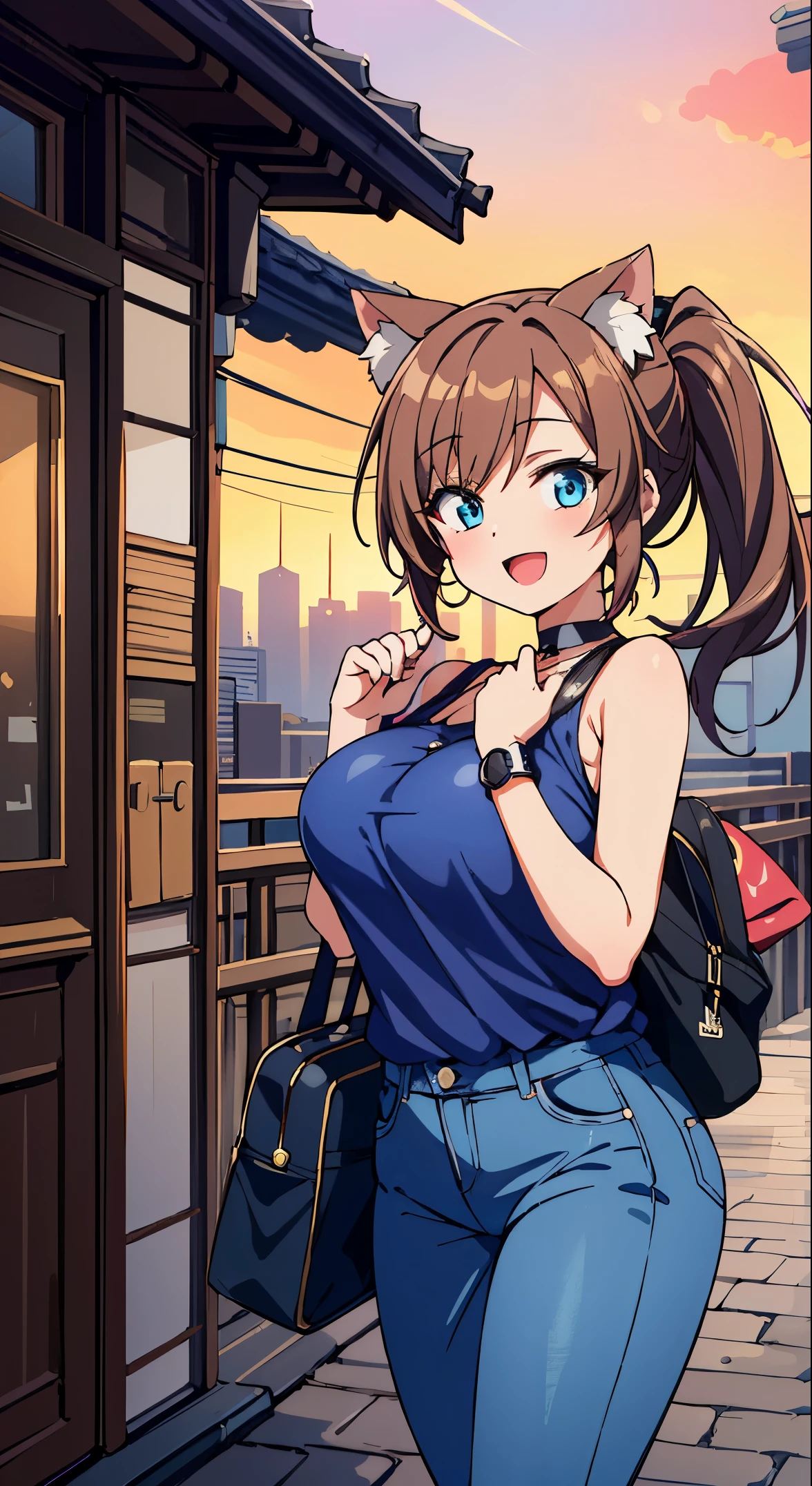 (masutepiece, Transparent air, Transparent eyes,Best Quality, Perfect Anatomy, High quality:1.4), absurderes, absolutely resolution, unbelievable Ridiculous, hight resolution, ultra-detailliert, Official art, Unity 8k壁纸, Kinetic typography,nice hand, Perfect hands, Boobs Boobs Detailed Beautiful Hands, Large_filesize, fulcolor, hight resolution, symmetric, exceptional, Best aesthetic, newest, Anime, very beautiful detailed body,BREAK,
1 beautiful girl, ( girl), Very detailed, colourfull, highest details, BREAK, (Huge breasts: 1. 2,), Clear skin, Beautiful skin, Shy skin, 1 beautiful girl, Brown hair, (Cat ears, Ponytail, medium-Long hair: 1. 2), (Light blue eyes, long eyelashes, boobs boobs double eyelids: 1. 2),Solo,gleaming skin, Clear skin, Beautiful skin,(best quality face),(Top quality glowing eyes),(The best smile,:D:1.45), BREAK,
//Fashion
Modern Urban Streetwear,
Sleek silk baseball cap with a minimalist design,
Oversized silk bomber jacket paired with distressed jeans,
Fashion-forward sneakers or ankle boots,
Silk scarf tied as a choker or wrapped around the wrist,
Statement hoop earrings and a sleek crossbody bag,
Urban-inspired makeup with a bold lip for an edgy touch,
BREAK, 鎖骨,Hair intake, Hand up, Navel, Parted lips, Solo, Stomach,architecture, Blue sky, (In front of Summerlag's apartment:1.2), wooden building, Osaka Station,People coming and going々, balconies, Blue sky, crystal clear skies, Blurry background, longshot, Standing, Sunset, Thighs Thighs Thighs\), Twilight,Happy,Laugh,blush,Opened mouth,Closed eyes,Beautiful sunset,Twilight,Backlighting,Waterfall,depth of fields,
BREAK,wakame,wakame,wakame,(boobs boobs dynamic angle:1.4),
BREAK,(Blurry background:1.3),(absurderes, hight resolution, Super Detail Art),cel shading,Clear Color, Lonely optical effect, Beautiful pictures, Bright glow, mystic atmosphere,(Close-up of girl:1.1), Mystical light particle effect,manga influence, clean line drawings,