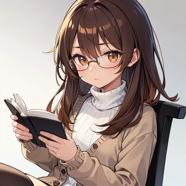 1girl in, Solo, Solo focus, sit a chair,Having a book,Holding a book in your hand,Cowboy Shot,Since a while ago,Portrait, soft rib turtleneck,White turtleneck, cardigan, 紺色のcardigan, ((reddish brown hair)), (brown haired), (Gradient Hair :1.5), Long hair / Habitual hair, ((light brown eyes)), Ultra-detailed細な目,eye glass,eye glass,eye glass, (Caramel black skin:1.1), Best Quality, Ultra-detailed, White background, Simple background