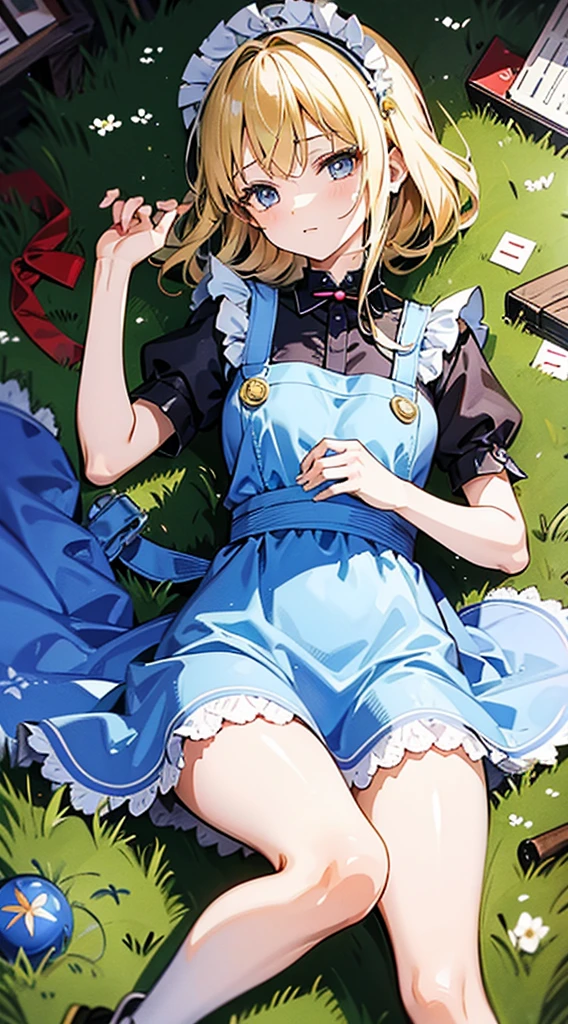 anime styled, High definition illustration, Perfect drawing, Draw anatomically correctly, alice in the wonderland, In the forest where the bright sun shines, beautiful blonde girl lying on the ground, ((seminude:1.5)), A short, light blue dress with a simple design and frills., Layering a white apron,The girl is sleeping with a happy expression, The girl&#39;s apron and skirt are turned up and her panties are visible., Red headband