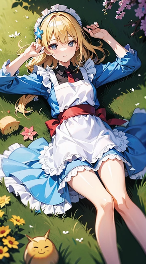 anime styled, High definition illustration, Perfect drawing, Draw anatomically correctly, alice in the wonderland, In the forest where the bright sun shines, beautiful blonde girl lying on the ground, ((seminude:1.5)), A short, light blue dress with a simple design and frills., Layering a white apron,The girl is sleeping with a happy expression, The girl's apron and skirt are turned up and her panties are visible., Red headband