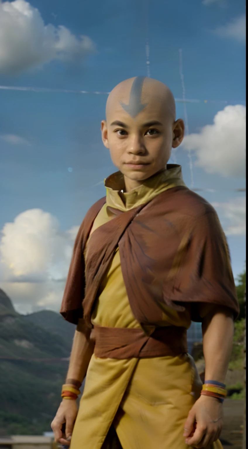 Masterpiece,realistic photo of AangAv, solo, potrait ,1 boy, Tibetan, light skin, gray eyes, bald, blue arrow, orange and yellow robes,pose ready to fight