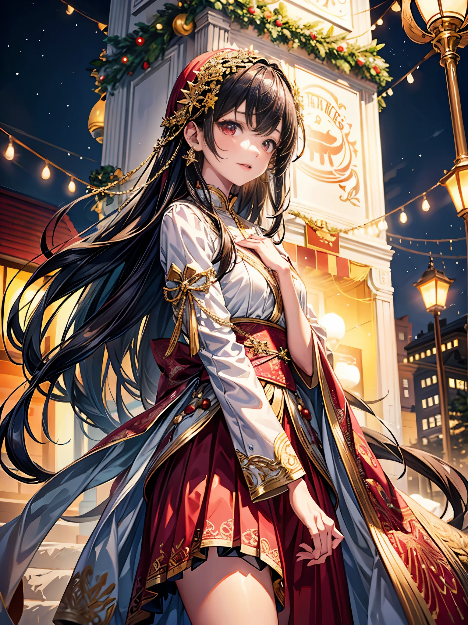 Cinematic lighting、16k picture quality、highlydetailed skin,(1girl in, Solo:1.2)、Best Quality,(1 Beautiful idol woman、15yo student、Detailed beautiful facial features hair、A dark-haired、Bangs alignment、long、Red Eyes:1.3)ストレートlong
BREAK、Idol costume uniform based on white、White skirt with an image of neatnesREAK、natta、Christmas Season、A shopping mall with sparkling illuminations、(shopping mall with christmas tree)Profile with a happy expression、Moody lighting