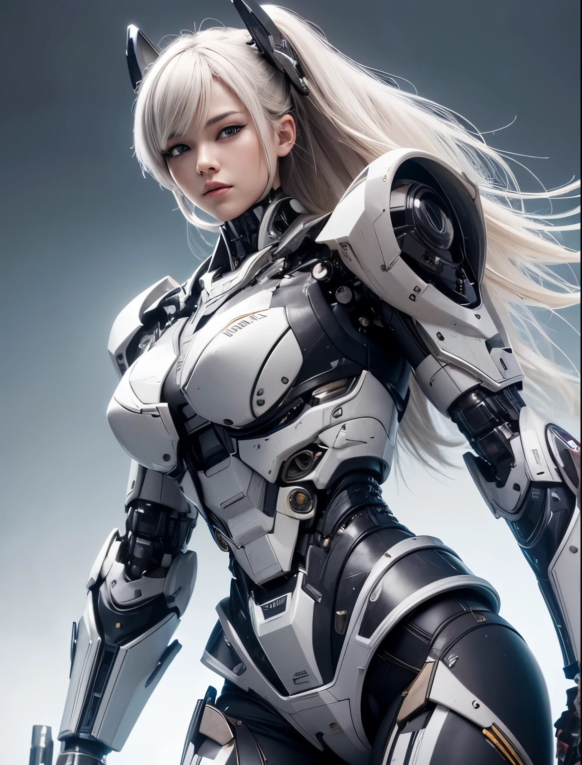 Textured skin, Super Detail, high details, High quality, Best Quality, hight resolution, 1080p, hard disk, Beautiful,beautiful cyborg woman,Mecha Cyborg Girl,Battle Mode,Girl with a Mecha Body,She wears a battle cyborg mech with a weapon,Cyborg Warrior