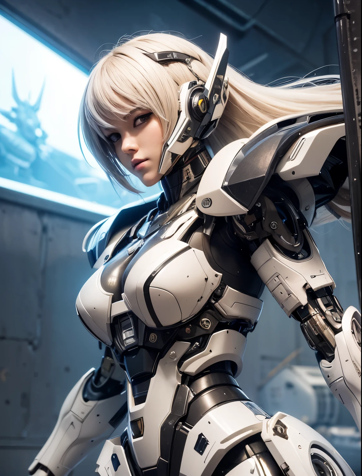 Textured skin, Super Detail, high details, High quality, Best Quality, hight resolution, 1080p, hard disk, Beautiful,beautiful cyborg woman,Mecha Cyborg Girl,Battle Mode,Girl with a Mecha Body,She wears a battle cyborg mech with a weapon,Cyborg Warrior