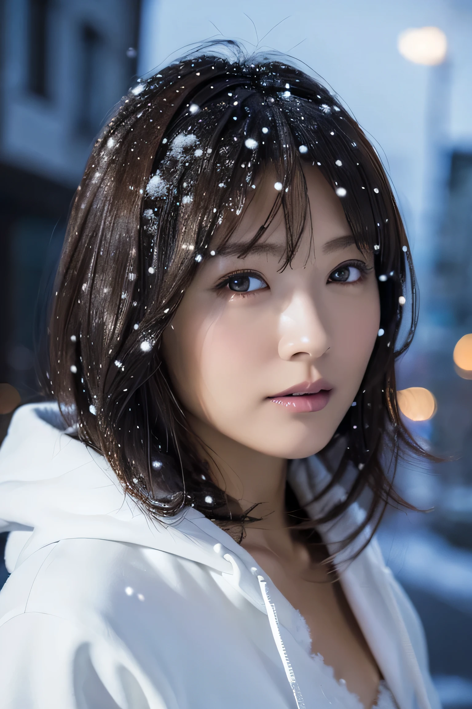 (masutepiece:1.2), ultra-detailliert, 超A high resolution, (Realistic, photo Realistic:1.37), high-definition RAW color photography, professional photograpy, extra detailed face, extremely detailed eye, highlydetailed skin, extremely detailed fingers, highly detailed nose, highly detail mouth, Perfect Anatomy, Highly detailed background, (a famous actress of Japan:1.2), (gals:1.3), (flat chest), Brown race, Dark skin, Very short cut hair, shadowy, hair messy, Full body, padded jacket, White hoodie, during night, dark street view, snow in my hair, (Snow in the sky:1.6), Background in the city, Hoodie on the head, Cinematic lighting,