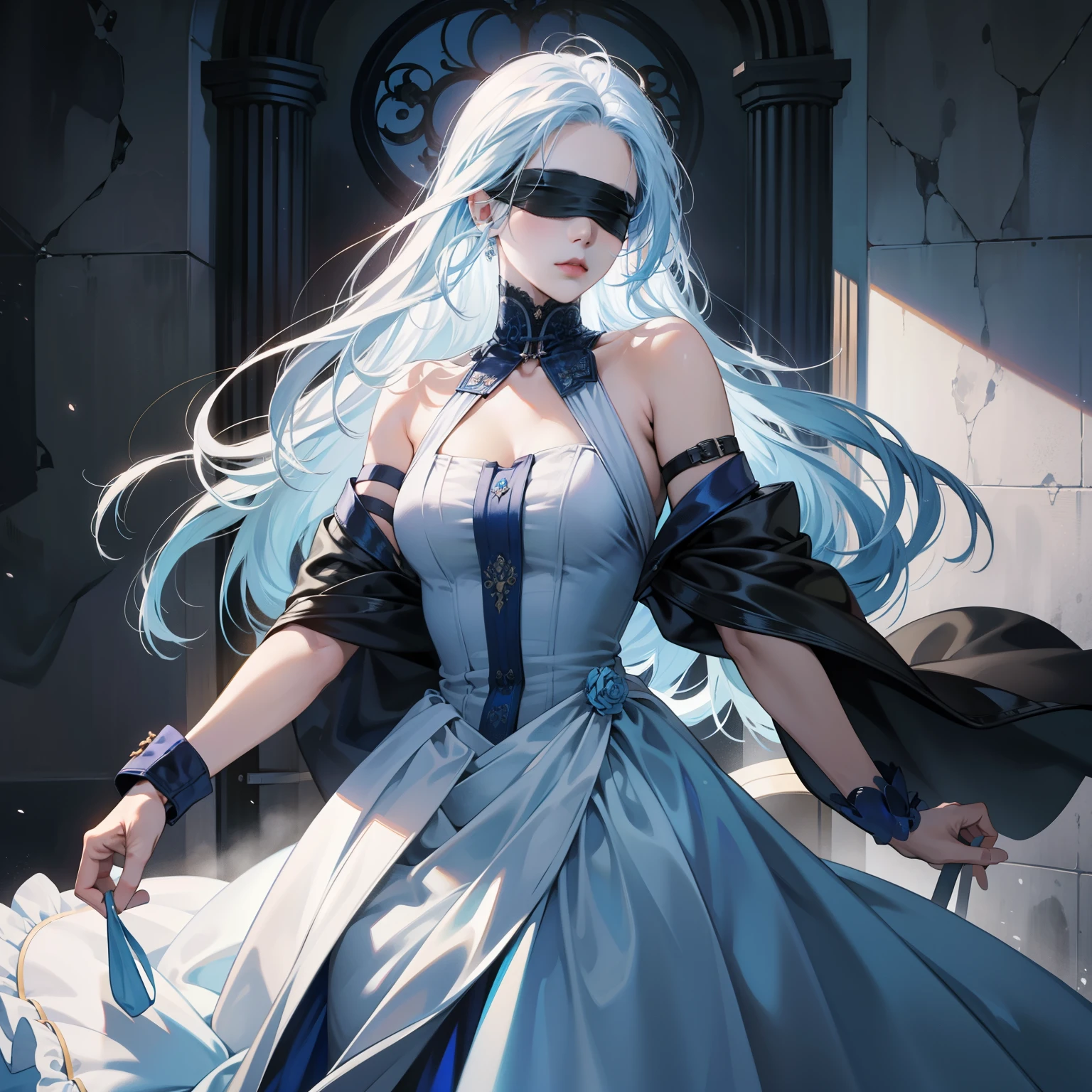Masterpiece, high quality, best quality, HD, realistic, perfect lighting, detailed body, 1 woman, wear blindfold, long hair, white and blue Hair, Scary & sexy face, dress, set background.