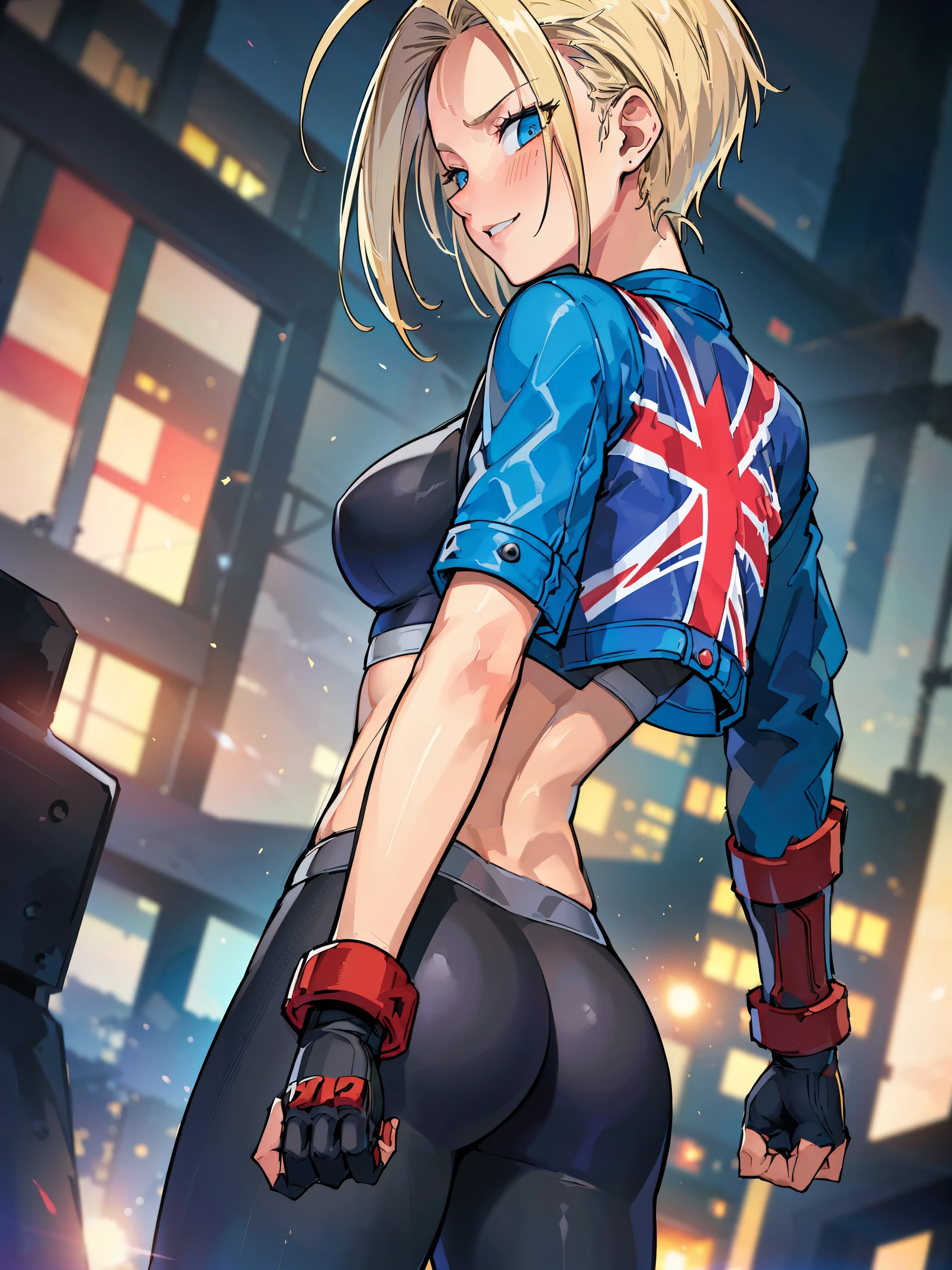 (8K, Raw photography, Best Quality, masutepiece: 1.2), high-definition RAW color photography, Professional Photography, Cinematic Light, (((1girl in))), ((A sexy)), ((a blond, short-cut, Bangs tactile)), (((Cammy))), Cammy white, Cammy from street fighter 6, (((Dark grey sports bra, dark gray tights, blue eyelue jacket, Union Jack pattern on the back))), muscular body, Choker, abdominals, large full breasts, ((left side face scar)), (Fine face: 1.2), (Shy laughter: 1.2), (((Neon cityscape, with his back turned, Looking Back Pose))), Background bokeh, telephoto lens, illustratio, ultra-detailliert, hightquality, realisitic, vivd colour, epic lighting, Highly detailed, Photography, masutepiece, hightqualityな, hight resolution, film grains, Professional Lighting