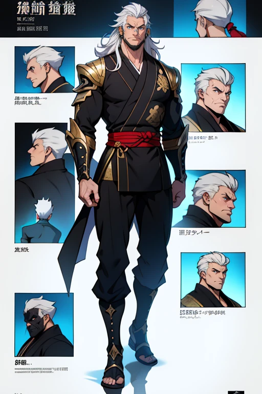 dark skin man, male, black eyes, white hair, long hair, anime style, 4k image, full body, holographic background, Character sheet, Handsome male. Perfect face, 6 ft 5 tall middle aged man. White hair. Long hair. Grey eyes. Beard. Eyepatch. Earrings. Toned body. Muscular male, character design sheet，full bodyesbian, Full of details, body front view, body back view,  Full body, muscle body, knight Fantasy clothes. Genshin Impact. Hydro vision. Bulge in pants. Liyue, ((Masterpiece, Highest quality)), Detailed face, character design sheet， full bodyesbian, Full of details, frontal body view, back body view, Highly detailed, Depth