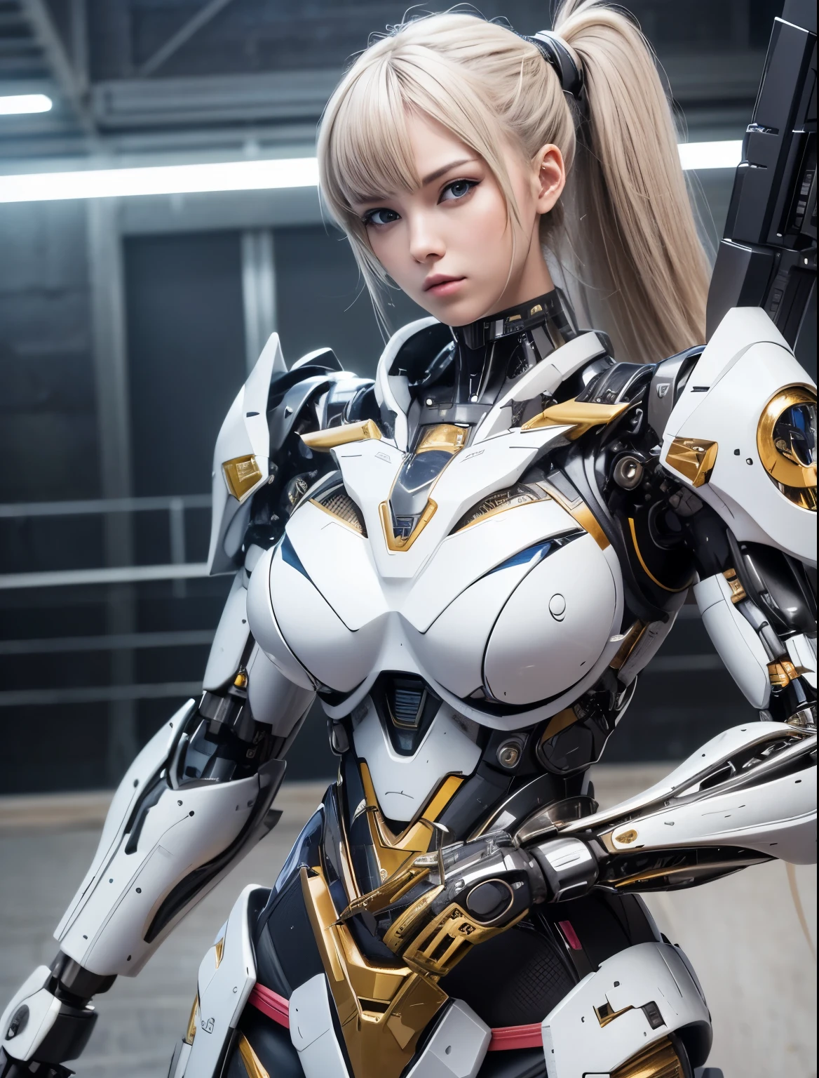 Textured skin, Super Detail, high details, High quality, Best Quality, hight resolution, 1080p, hard disk, Beautiful,beautiful cyborg woman,Mecha Cyborg Girl,Battle Mode,Girl with a Mecha Body,She wears a battle cyborg mech with a weapon,Cyborg Warrior