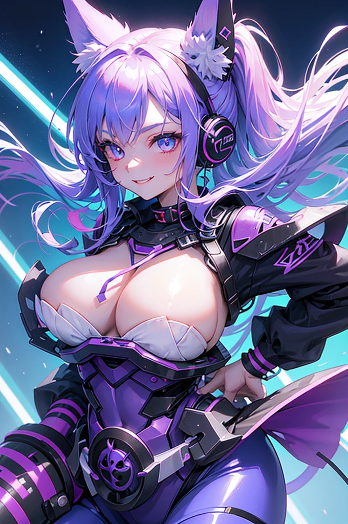 1girl, Blue-magenta neko, wearing spiked choker with purple sleigh, blue-magenta ears and tail, blue-magenta longhair, dominant red eye and blue eye, white and blue industrial exoskeleton chest, blades, leggings and boots and earphones, thighs, smiling, levitating, Burning jungle background, 8K, high res, highest quality, sexy