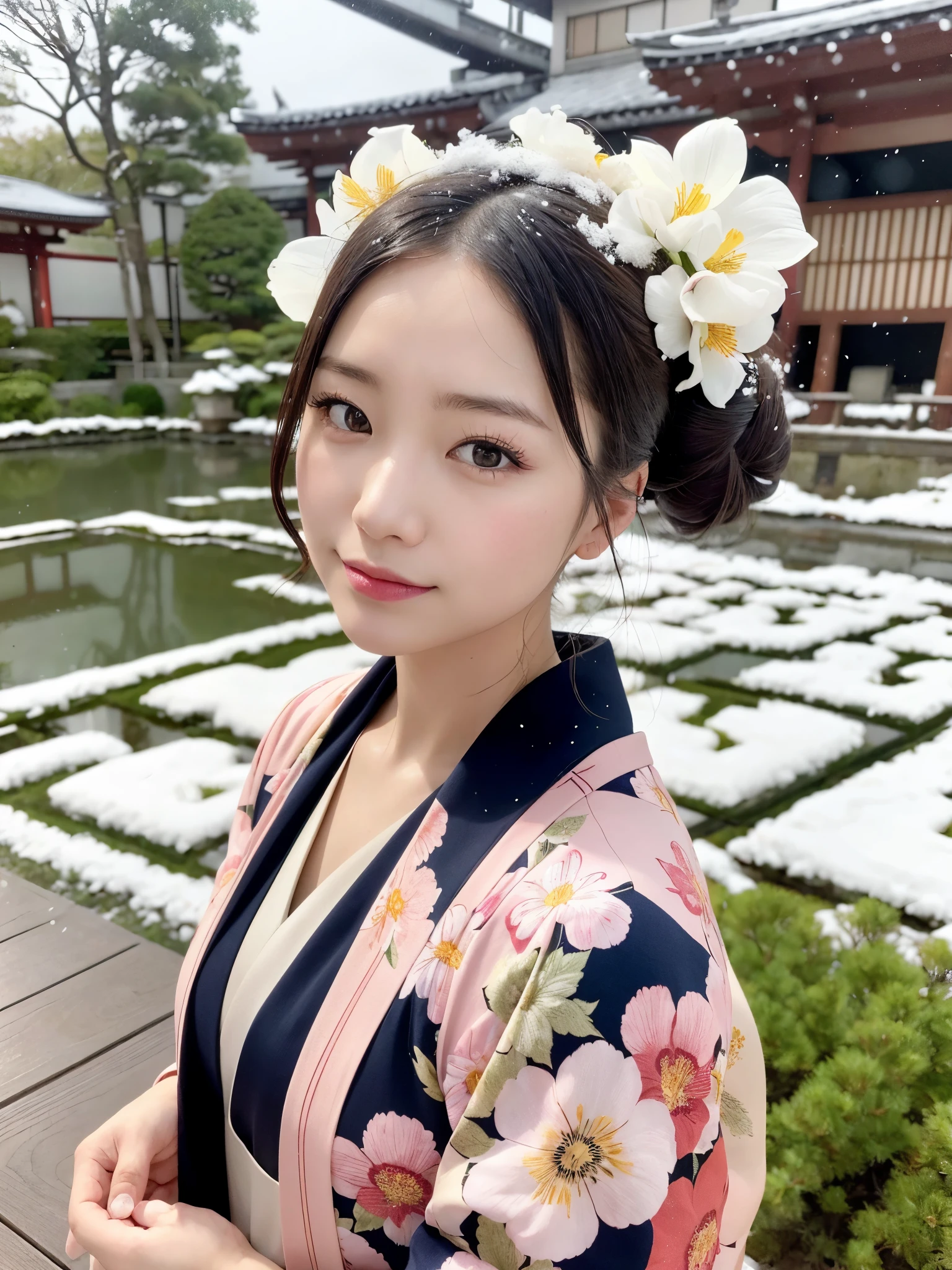 (floral printed Kimono: 1.2), ((of the highest quality, 8K, masutepiece: 1.3, Raw photo)), Sharp Focus: 1.2, (1 AESPA Girl :1.1), SOLO, (Realistic, Photorealistic: 1.37), (Face Focus: 1.1), Cute face, hyperdetailed face, (updo: 1.2), (Falling snow:1.2), (Hair swaying in the wind:1), (Light reflecting snow:1.3), Japanese theme, Washi background, Filming in the Japan Garden, Beautiful Japanese makeup, A beautiful woman that symbolizes Japan culture