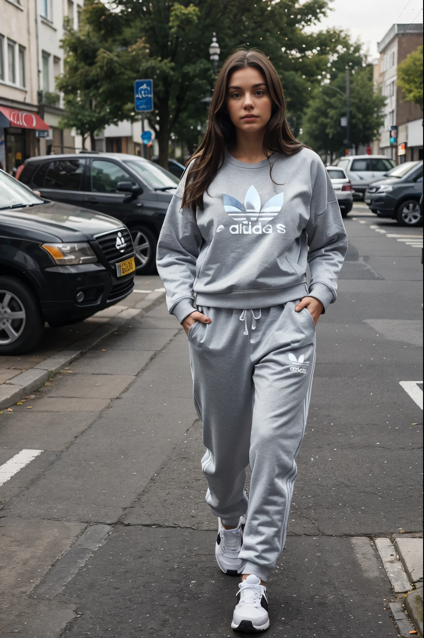 Very realistic brunette girl dressed in Adidas jogging in the street