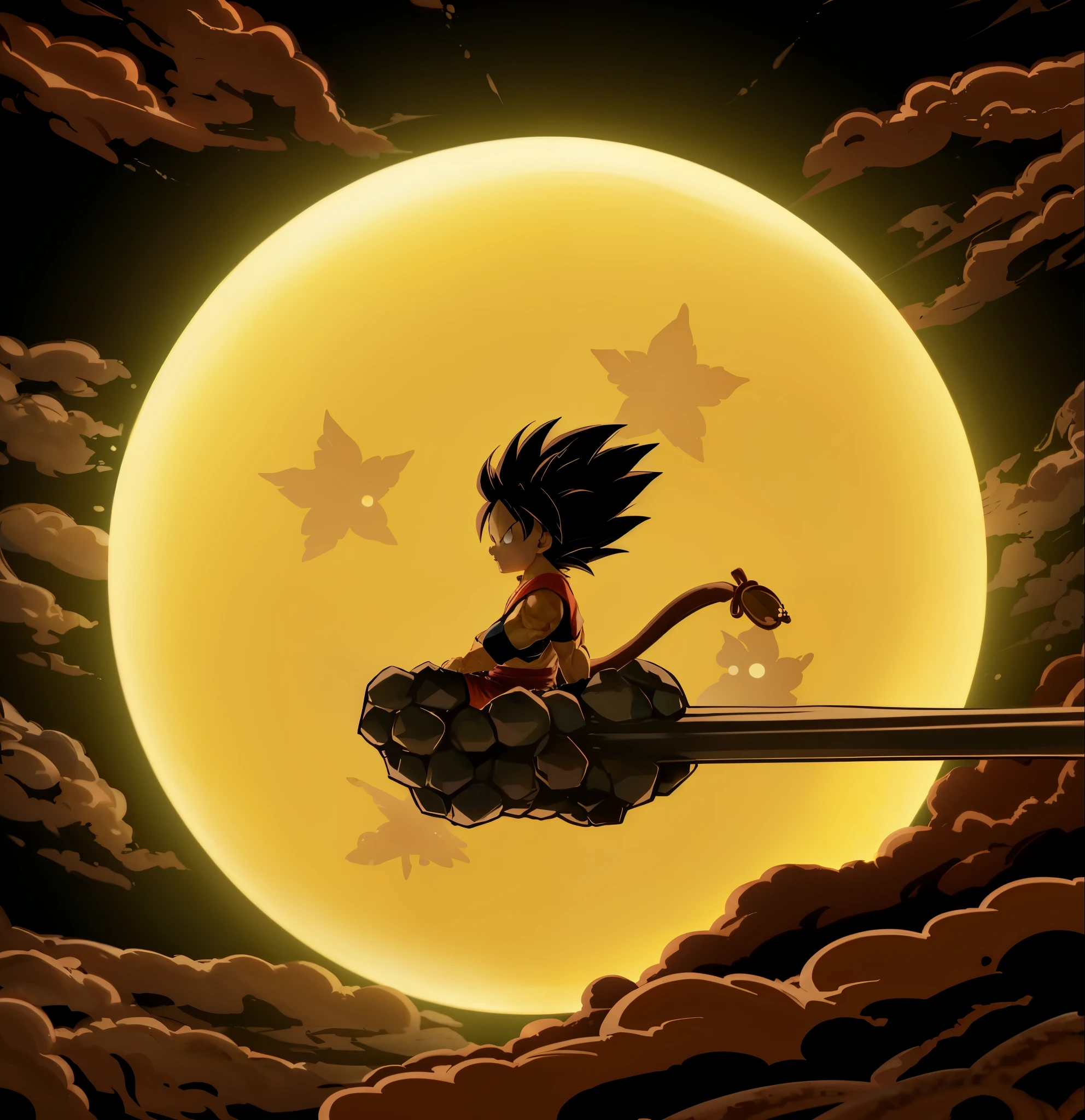 Dragon Ball Wukong flying in the sky with a full moon behind him, Dragon Ball, Dragon Ball artstyle, son Wukong, inspired by Akira Toriyama, Dragon Ball, sitting on a moon, Dragon Ball style, 鸟山明风格, Dragon Ball concept art, database, Wukong, Inspired by Toriyama Stone Garden, Dragon Ball z style 3D效果,Round picture