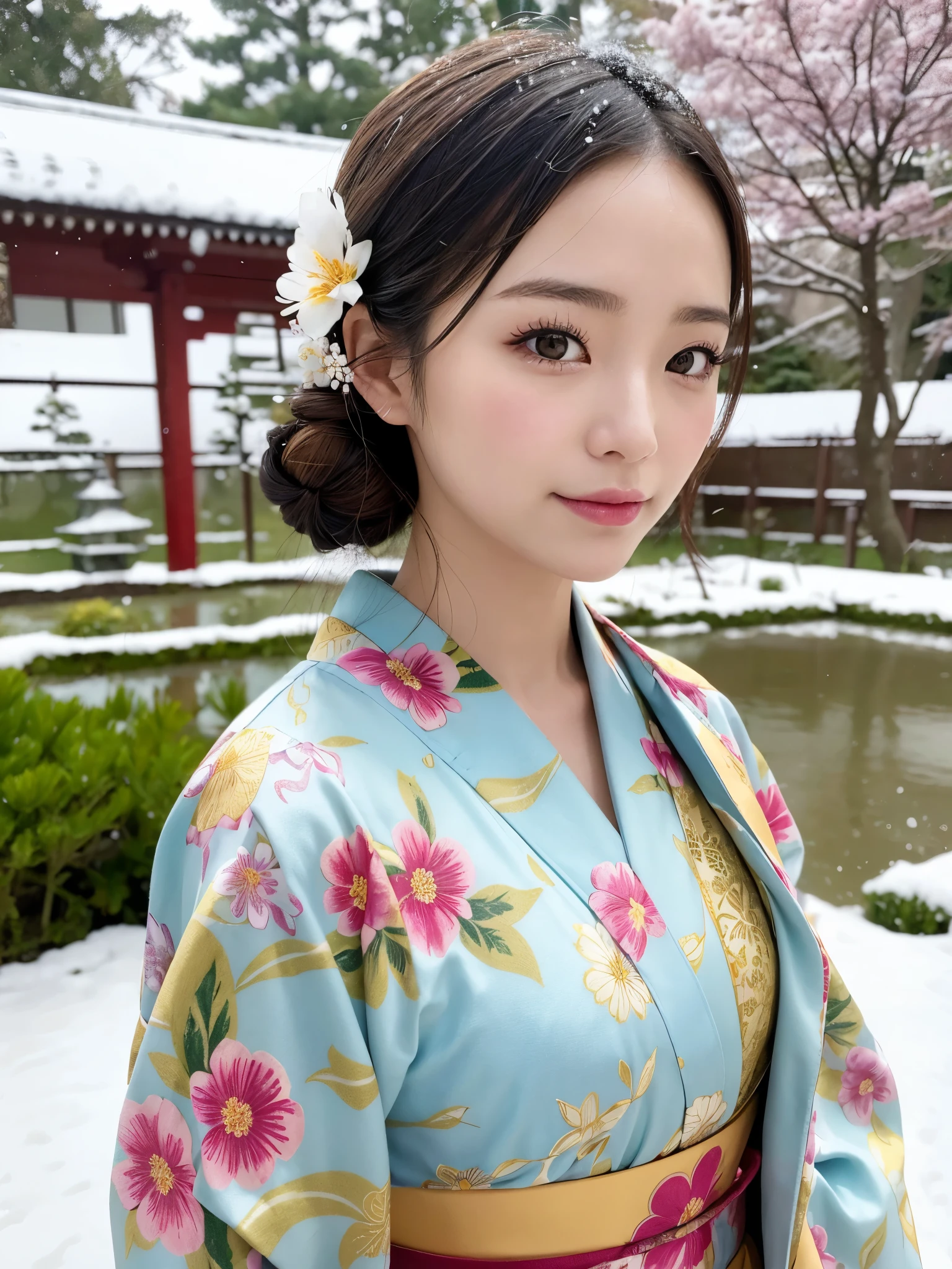 (floral printed Kimono: 1.2), ((of the highest quality, 8K, masutepiece: 1.3, Raw photo)), Sharp Focus: 1.2, (1 AESPA Girl :1.1), SOLO, (Realistic, Photorealistic: 1.37), (Face Focus: 1.1), Cute face, hyperdetailed face, (updo: 1.2), (Falling snow:1.2), (Hair swaying in the wind:1), (Light reflecting snow:1.3), Japanese theme, Washi background, Filming in the Japan Garden, Beautiful Japanese makeup, A beautiful woman that symbolizes Japan culture