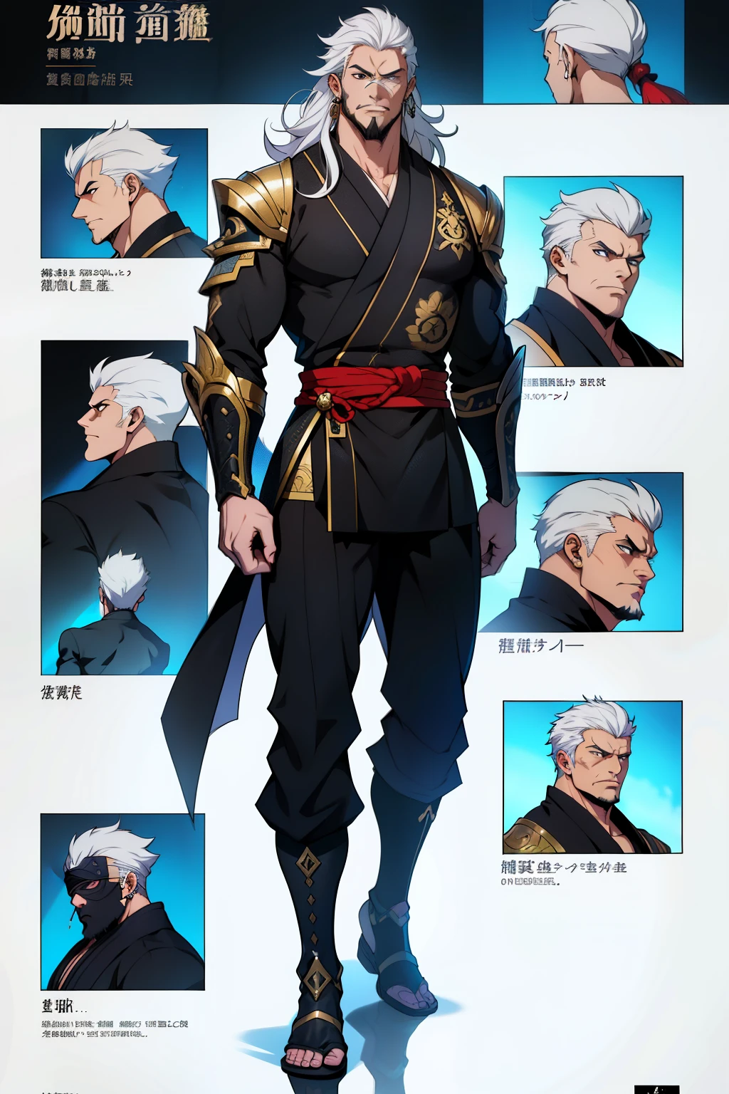 dark skin man, male, black eyes, white hair, long hair, anime style, 4k image, full body, holographic background, Character sheet, Handsome male. Perfect face, 6 ft 5 tall middle aged man. White hair. Long hair. Grey eyes. Beard. Eyepatch. Earrings. Toned body. Muscular male, character design sheet，full bodyesbian, Full of details, body front view, body back view,  Full body, muscle body, knight Fantasy clothes. Genshin Impact. Hydro vision. Bulge in pants. Liyue, ((Masterpiece, Highest quality)), Detailed face, character design sheet， full bodyesbian, Full of details, frontal body view, back body view, Highly detailed, Depth