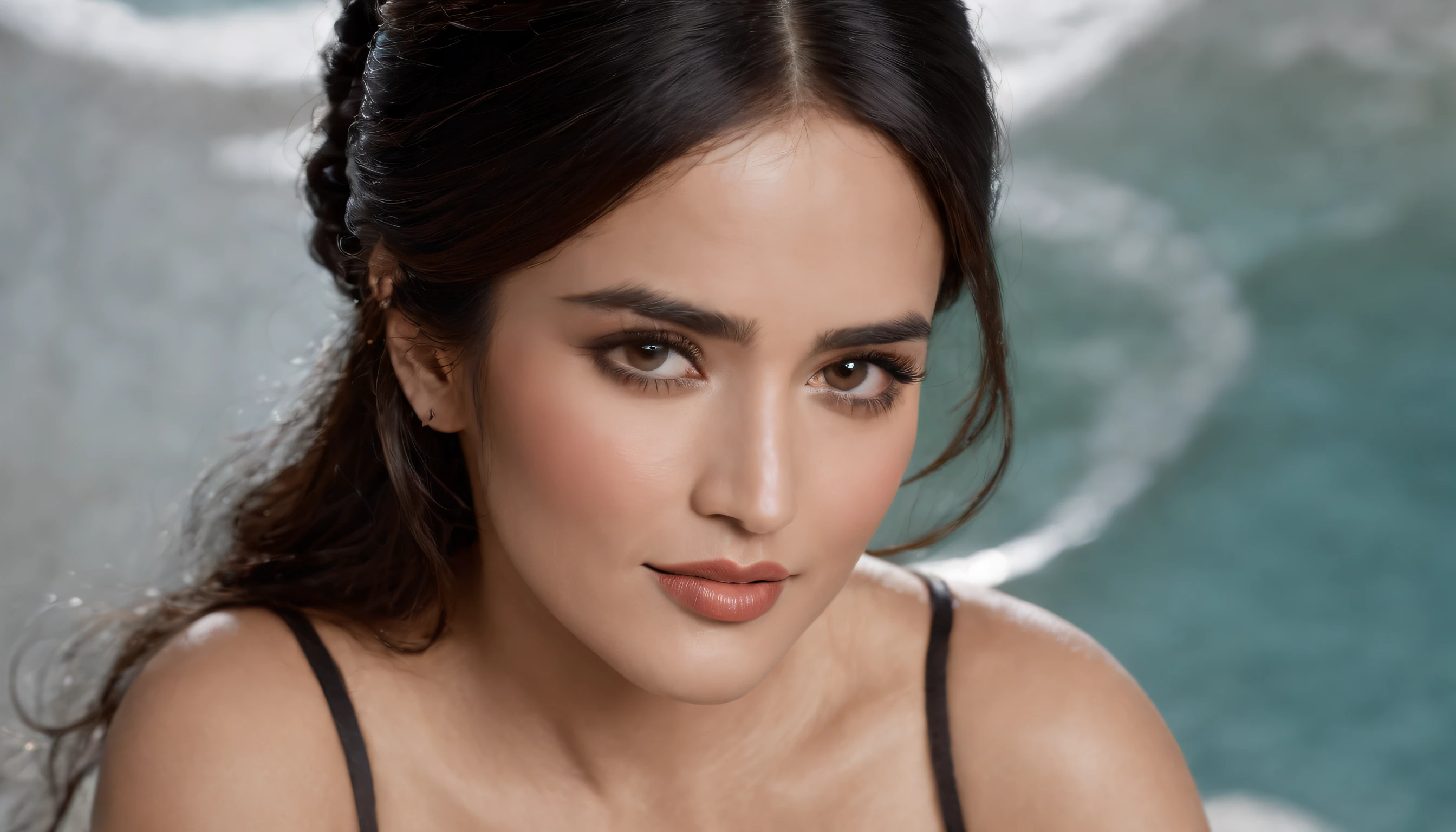 ((best quality: 4k)), ((masterpiece)), (high detailed), Salma Hayek face, big lips, big breast, long legs, wearing short skirt, top naked, have a long tiger tail((best quality: 4k)), ((masterpiece)), (high detailed), sexy salma hayek face, big lips, big breast, long legs, wearing short skirt, top naked, have a long tiger tail, black hair, hair bobbles, wince, longeyelashes, solid circle eyes, fake animal tail, light smile, , drop shadow, anaglyph, , atmospheric perspective, 8k, super detail, best quality