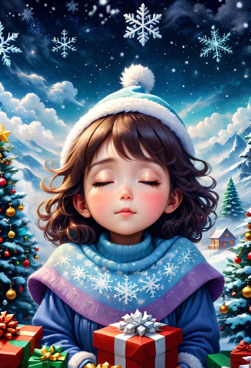christmas,Gamine'Her face appeared above the colorful clouds,nigh sky,dream,(Christmas gifts:1.2),Gamine'face asleep,(Christmas tree:1.2),(Big snowflakes:1.3),五颜六色的Big snowflakes飞舞着,Colorful clouds,nigh sky中闪烁的星星,Overlapping clouds and fog,Exquisite gift box,异想天开的奇幻圣诞dream,Beautiful Art Ultra HD 8K, 8K highly detailed digital art, beautiful detailed fantasy, 史诗般的奇幻christmas, 神秘又dream幻的christmas, Magic fantasy is very detailed, miraculous huge breasts, detailed fantasy digital art, 8K detailed digital art