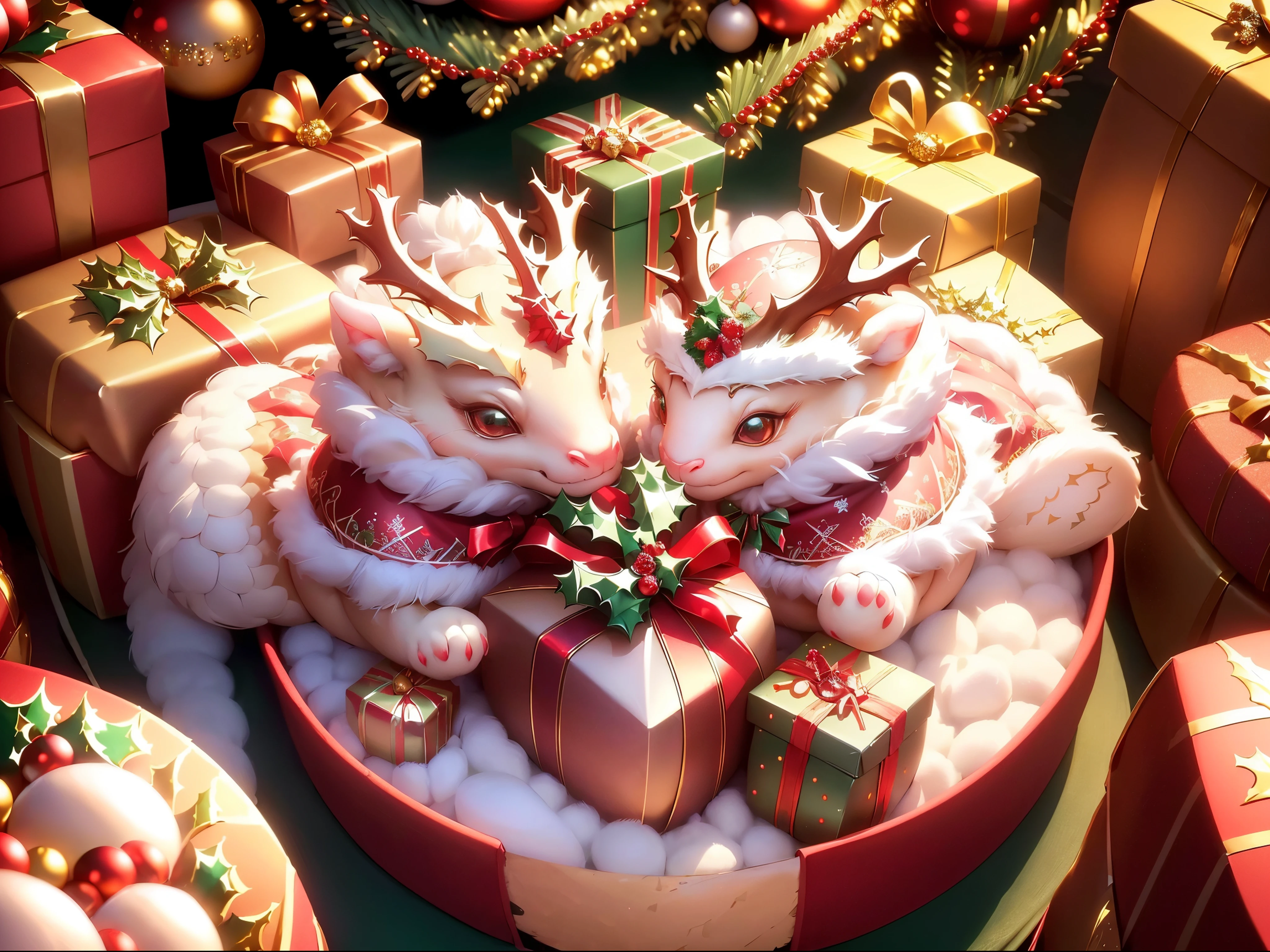 (best quality,4k,8k,highres,masterpiece:1.2),ultra-detailed,(realistic,photorealistic,photo-realistic:1.37), Christmas gift boxes, cute dragon doll, Christmas festival, holiday, plushies