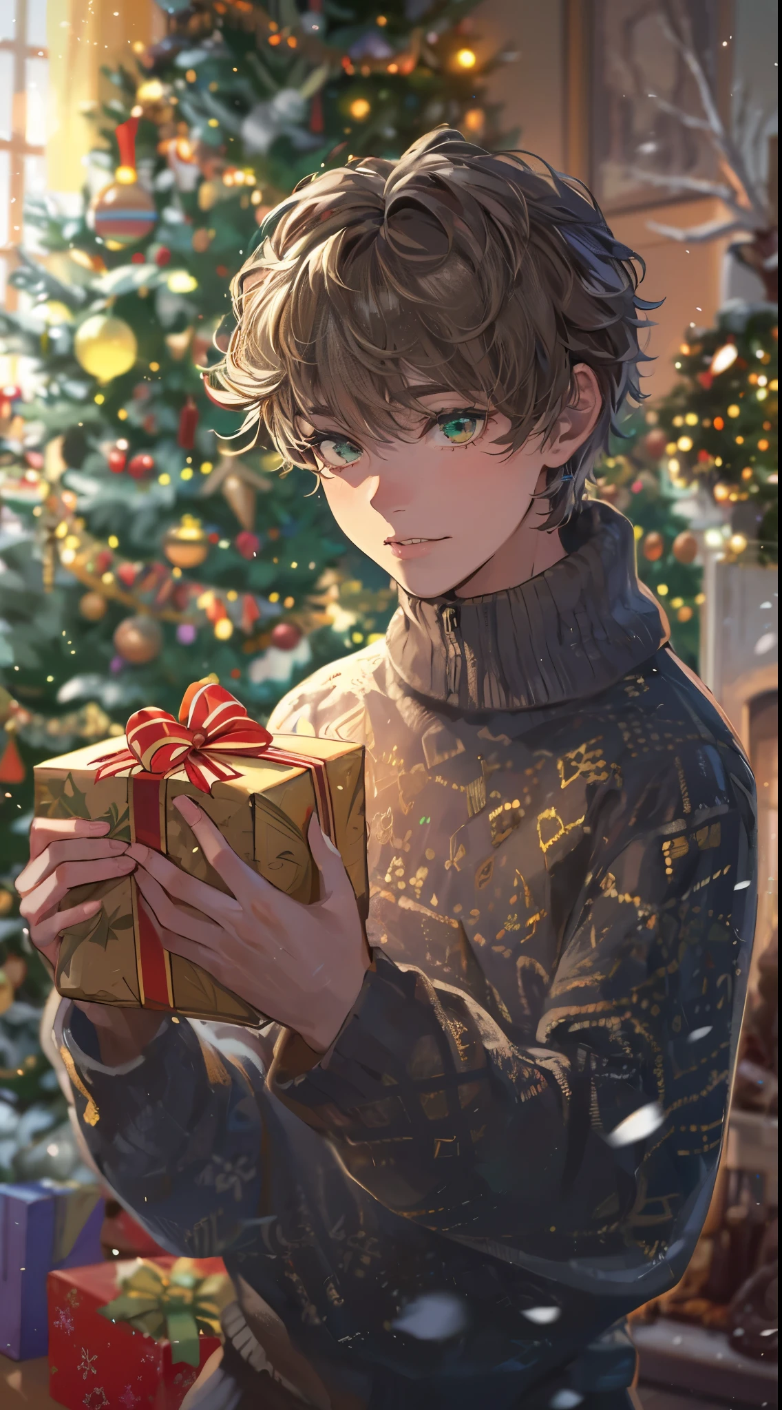 A handsome young man in a cozy, wintery setting, gently unwrapping a Christmas present. He’s wearing a stylish, warm sweater and has a look of pleasant surprise. The room around him is festively decorated with twinkling lights, a beautifully adorned Christmas tree in the background, and a soft, glowing fireplace. The present is elegantly wrapped in gold and red paper, with a big bow on top. His features include short, wavy brown hair and deep green eyes, capturing the joy and magic of the holiday season