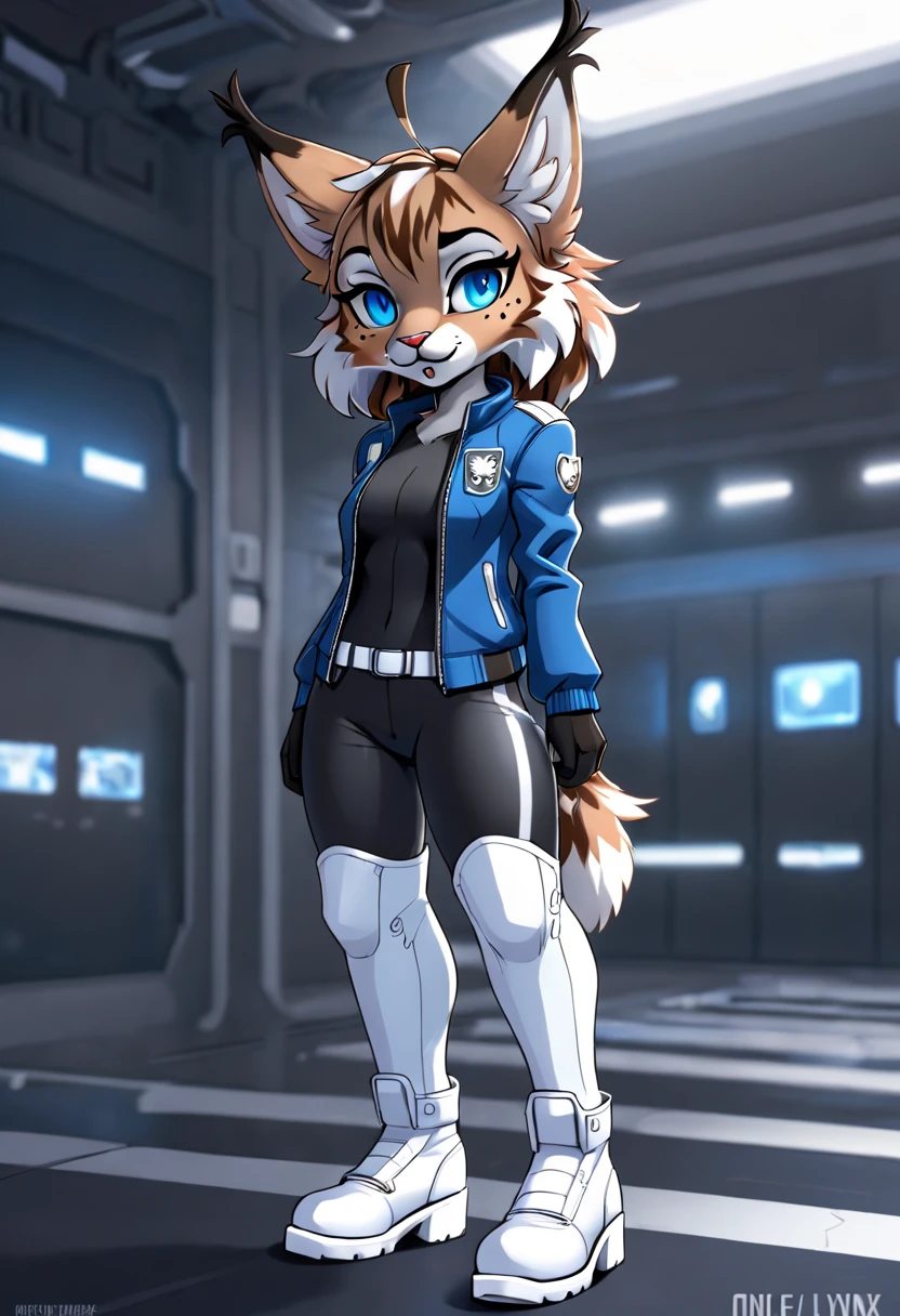 [one Furry lynx], female, her fur has high details, her eyes are well detailed blue, her face is very pretty, she is wearing a tight black full body suit, she is wearing a blue jacket, she is wearing white cyber boots , he is wearing a white belt with, high quality cartoon art style.