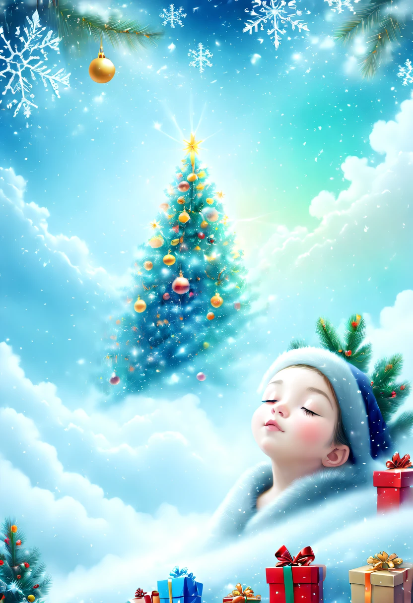 christmas,Gamine'Her face appeared above the colorful clouds,nigh sky,dream,(Christmas gifts:1.2),Gamine'face asleep,(Christmas tree:1.2),(Big snowflakes:1.3),五颜六色的Big snowflakes飞舞着,Colorful clouds,nigh sky中闪烁的星星,Overlapping clouds and fog,Exquisite gift box,(multiple exposure:1.8),异想天开的奇幻圣诞dream,Beautiful Art Ultra HD 8K, 8K highly detailed digital art, beautiful detailed fantasy, 史诗般的奇幻christmas, 神秘又dream幻的christmas, Magic fantasy is very detailed, miraculous huge breasts, detailed fantasy digital art, 8K detailed digital art