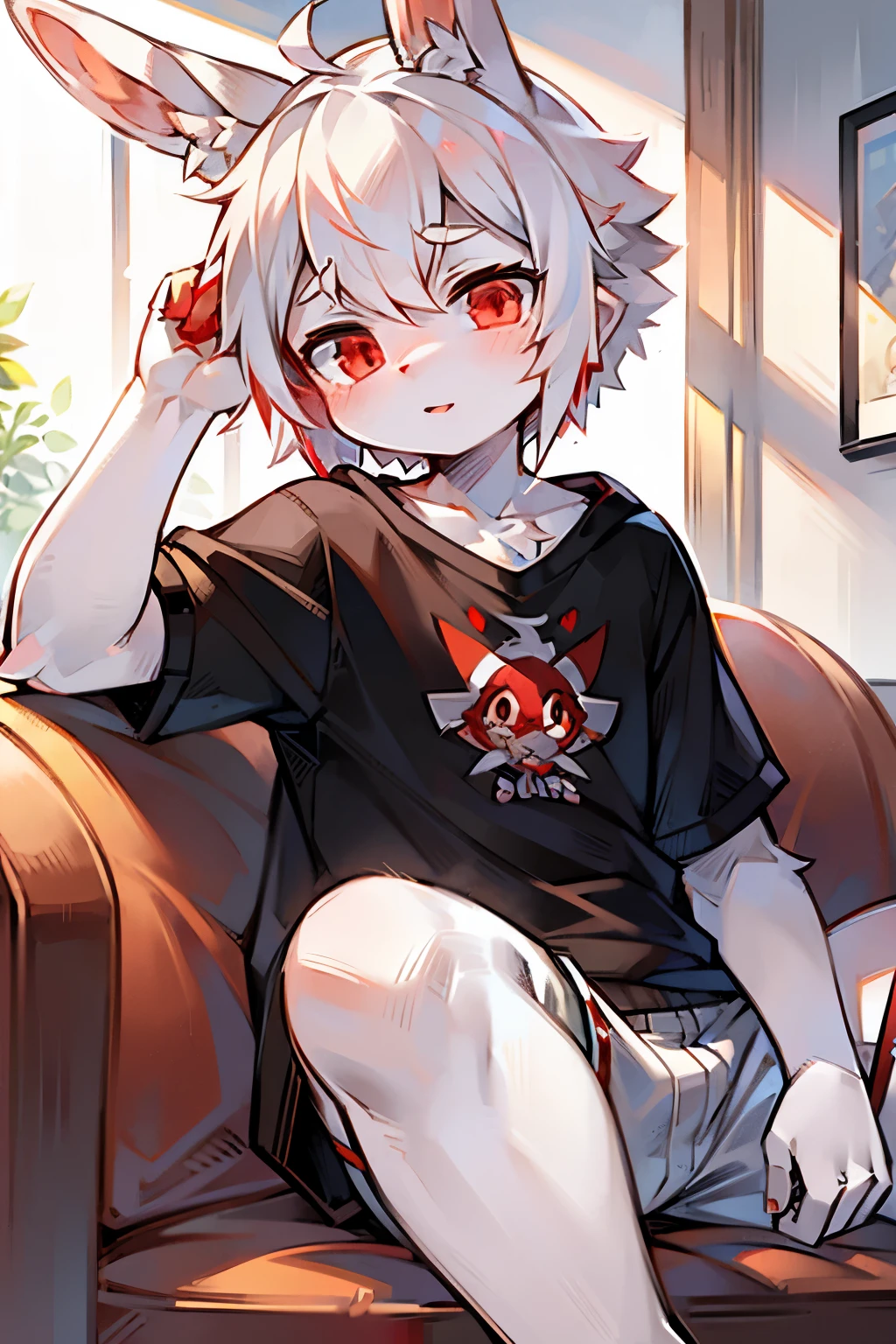 Libido boy, edgBunny, Ears drooping,White fur,red highlighter，Young person, red eyes, messy  hair, White hair, Short hair details, tmasterpiece, The is very detailed, Casual sweatshirt，shorter pants，non nsfw