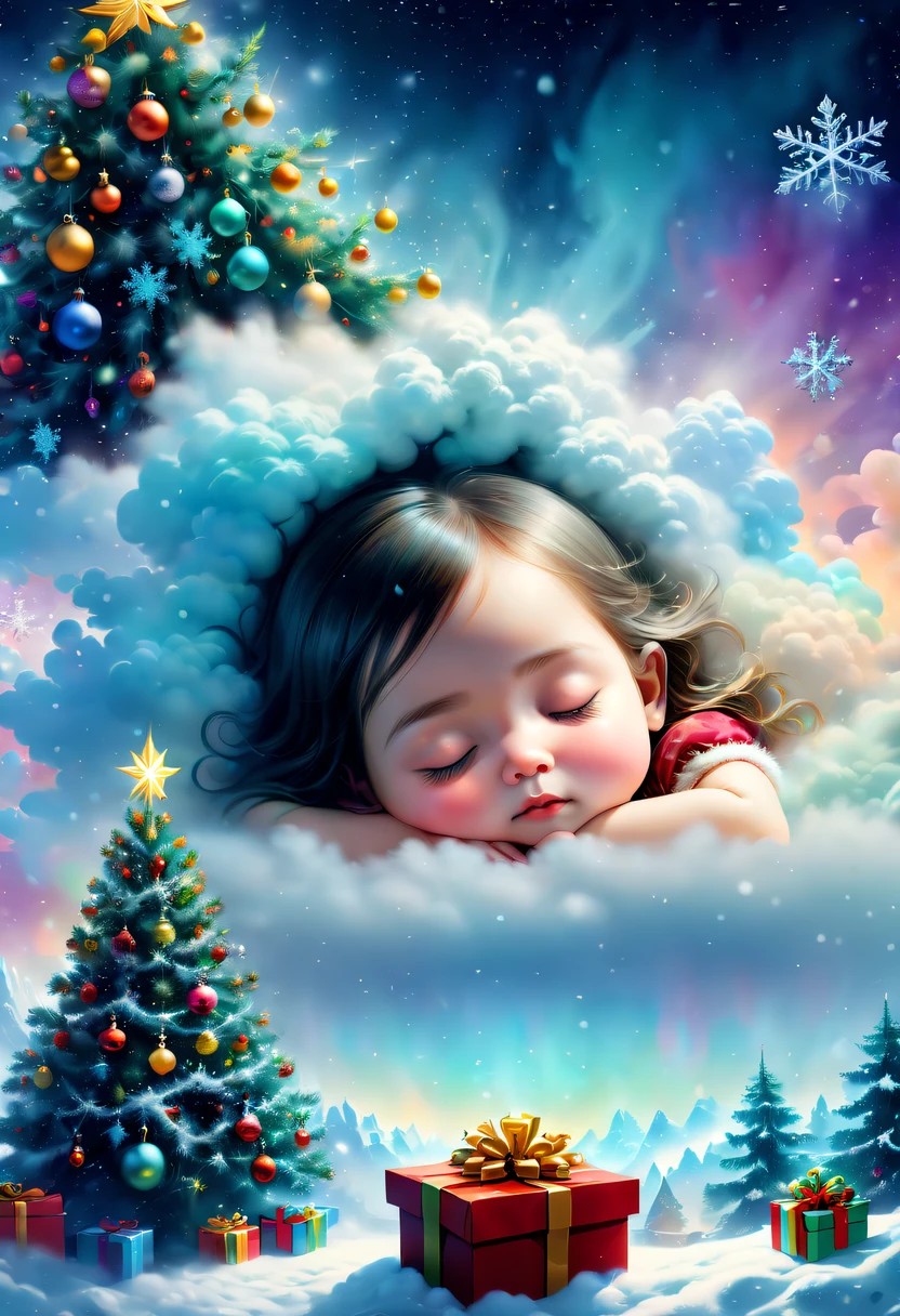 christmas，Gamine&#39;Her face appeared above the colorful clouds，(multiple exposure:1.5),nigh sky，dream，(Christmas gifts:1.2)，Gamine&#39;face asleep，(Christmas tree:1.2)，(Big snowflakes:1.3)，五颜六色的Big snowflakes飞舞着，Colorful clouds，nigh sky中闪烁的星星，Overlapping clouds and fog，Exquisite gift box，异想天开的奇幻圣诞dream，Beautiful Art Ultra HD 8K, 8K highly detailed digital art, beautiful detailed fantasy, 史诗般的奇幻christmas, 神秘又dream幻的christmas, Magic fantasy is very detailed, miraculous huge breasts, detailed fantasy digital art, 8K detailed digital art