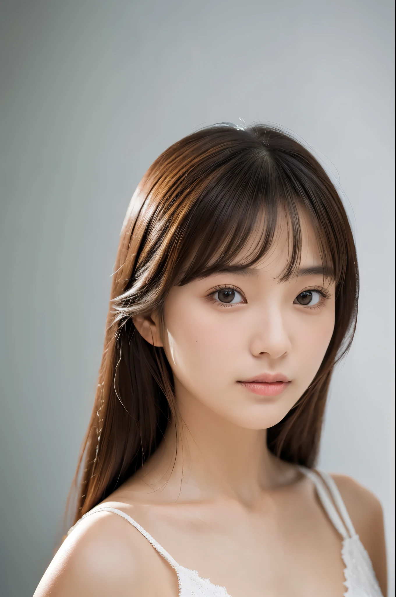 Young japanese lady, 30s, White background, It features a simple背景, white-brown hair, slender, 4K, in 8K, High quality, Beauty, Beautiful eyes, It features a simple, High resolution,1 person,Beautiful skins,Beautiful skin