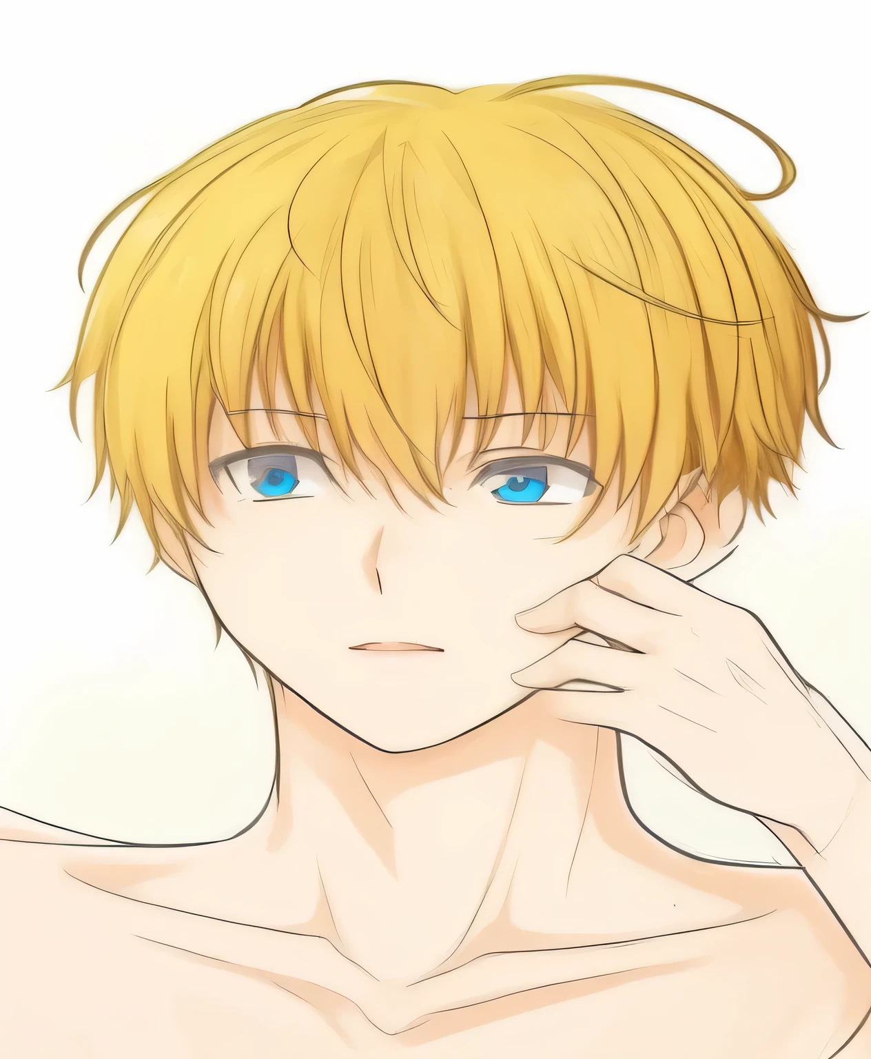 anime boy with cabello rubio y ojos azules holding his hand to his face, Chico alto de anime con ojos azules, Chico rubio con ojos amarillos, cabello rubio y ojos azules, Sus ojos brillaban amarillos, por Kentaro Miura, ojos azules y cabello rubio, Orange - Chico de anime peludo, cabello rubio ojos azules, por Eizan Kikukawa, Sus ojos se ven sabios