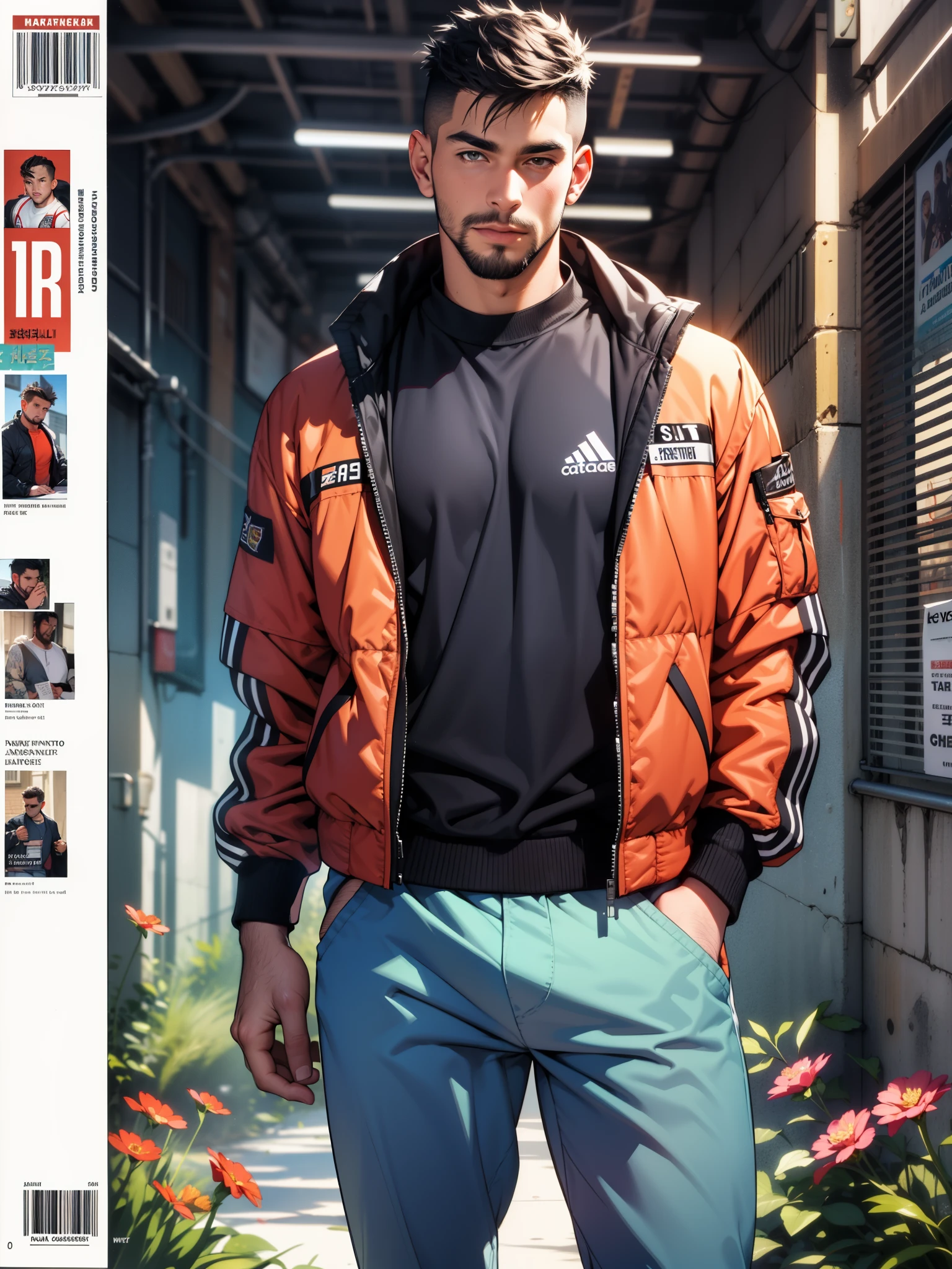 Best quality, masterpiece, ultra high res,detailed background,realistic,illustration,Magazine cover poster,magazine scan,korean,solo,yaoi,1boy,mature male,thick thighs,manly,handsome,muscular,under cut,short hair,facial hair,jacket,flower field,model,streetwear fashion,headline, logos labels,graphic design,depth of field,
