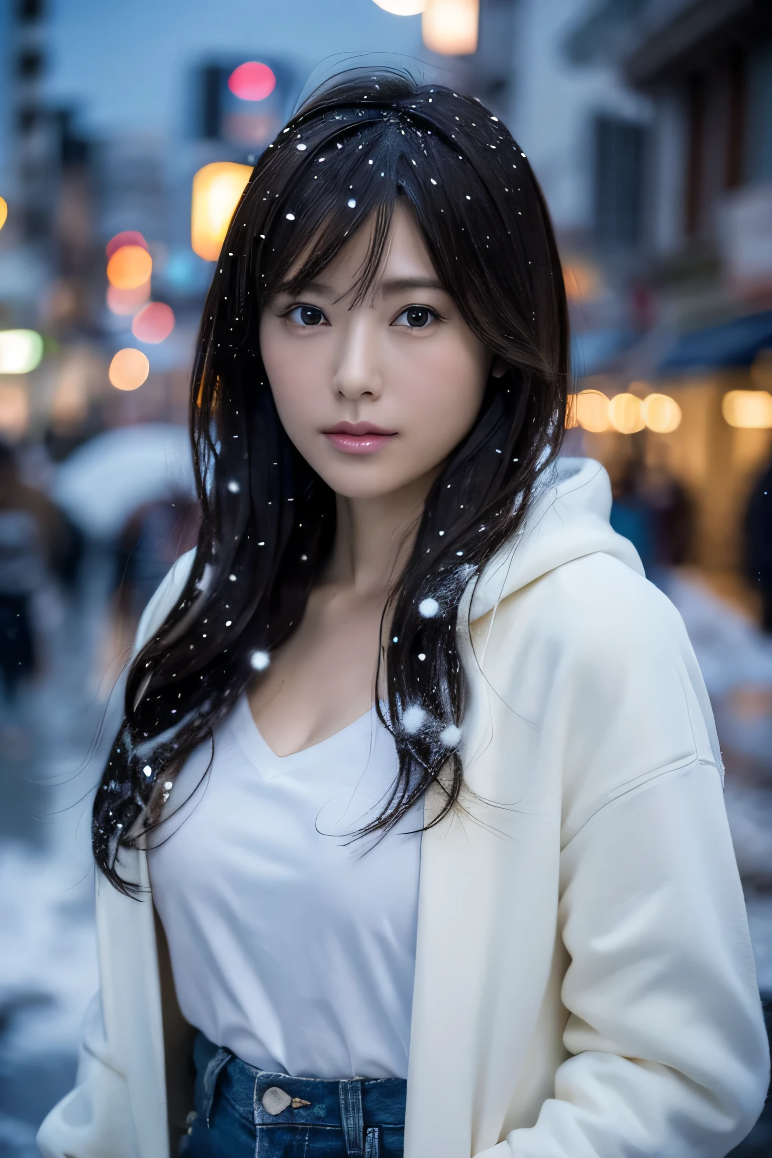 (masutepiece:1.2), ultra-detailliert, 超A high resolution, (Realistic, photo Realistic:1.37), high-definition RAW color photography, professional photograpy, extra detailed face, extremely detailed eye, highlydetailed skin, extremely detailed fingers, highly detailed nose, highly detail mouth, Perfect Anatomy, Highly detailed background, (a famous actress of Japan:1.2), (gals:1.3), (flat chest), Brown race, Dark skin, Very short cut hair, shadowy, hair messy, Full body, padded jacket, White hoodie, during night, dark street view, snow in my hair, (Snow in the sky:1.6), Background in the city, Hoodie on the head, Cinematic lighting, Denim pants,